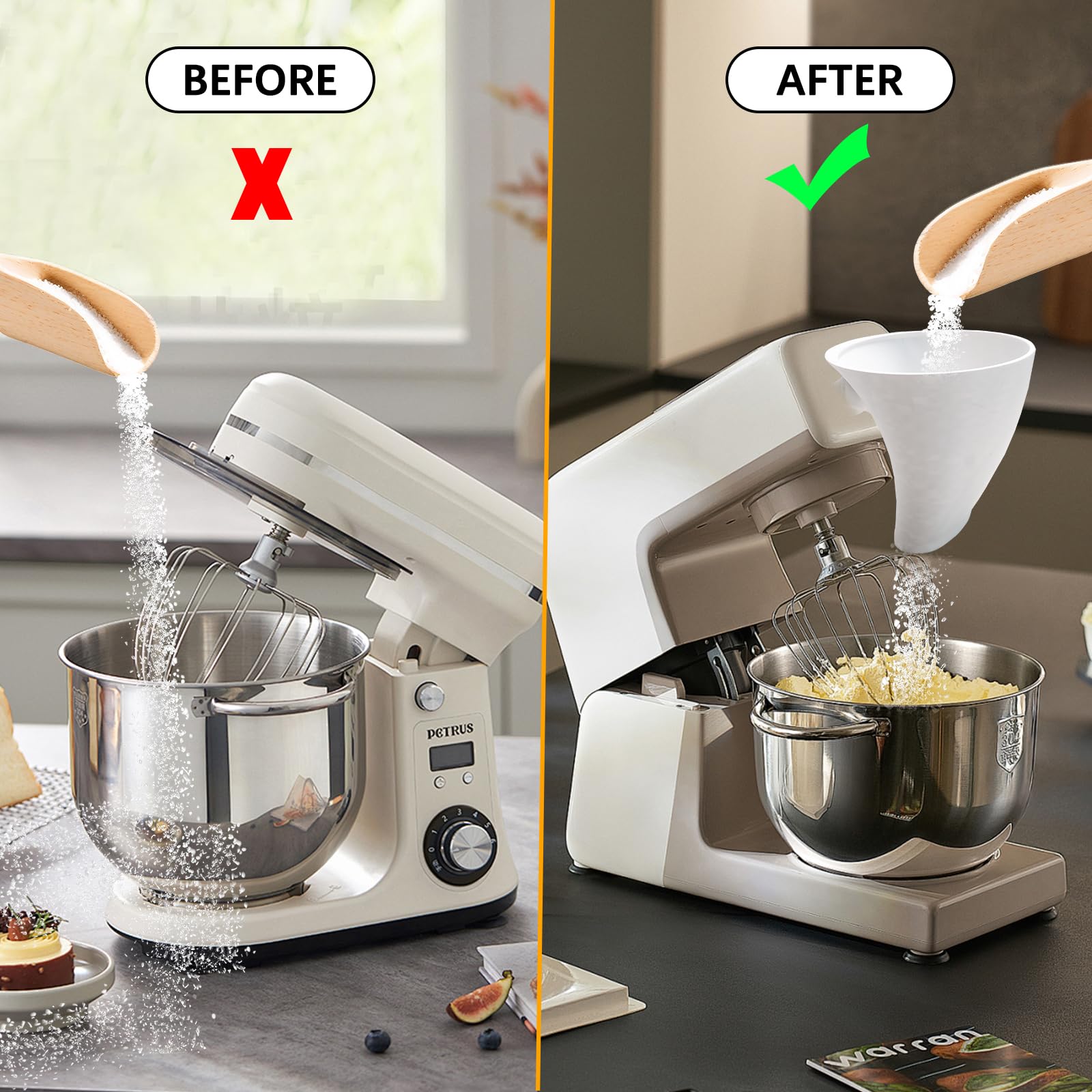 Dishwasher-safe compact flour funnel for mixer accessories