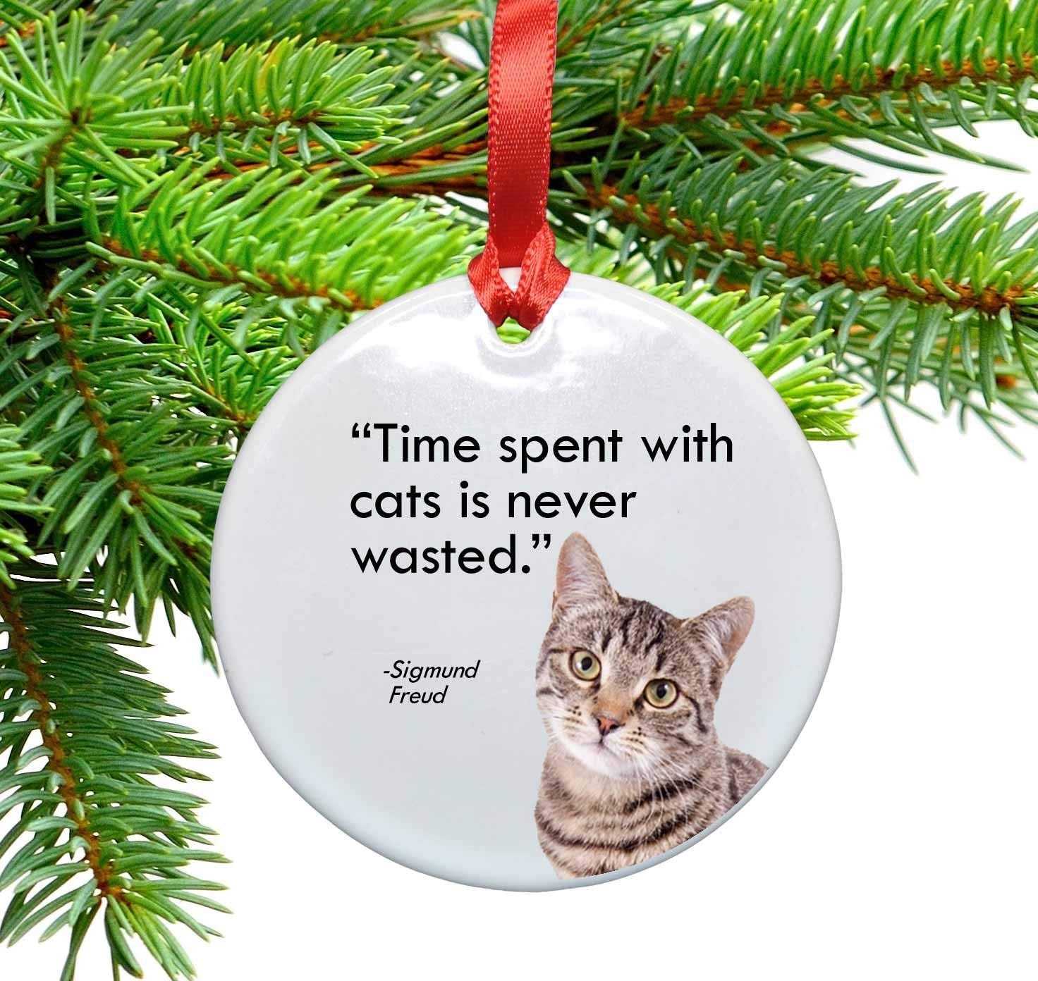 Freud and Cats Quote Ceramic Christmas Ornament with red satin ribbon and velvet gift bag