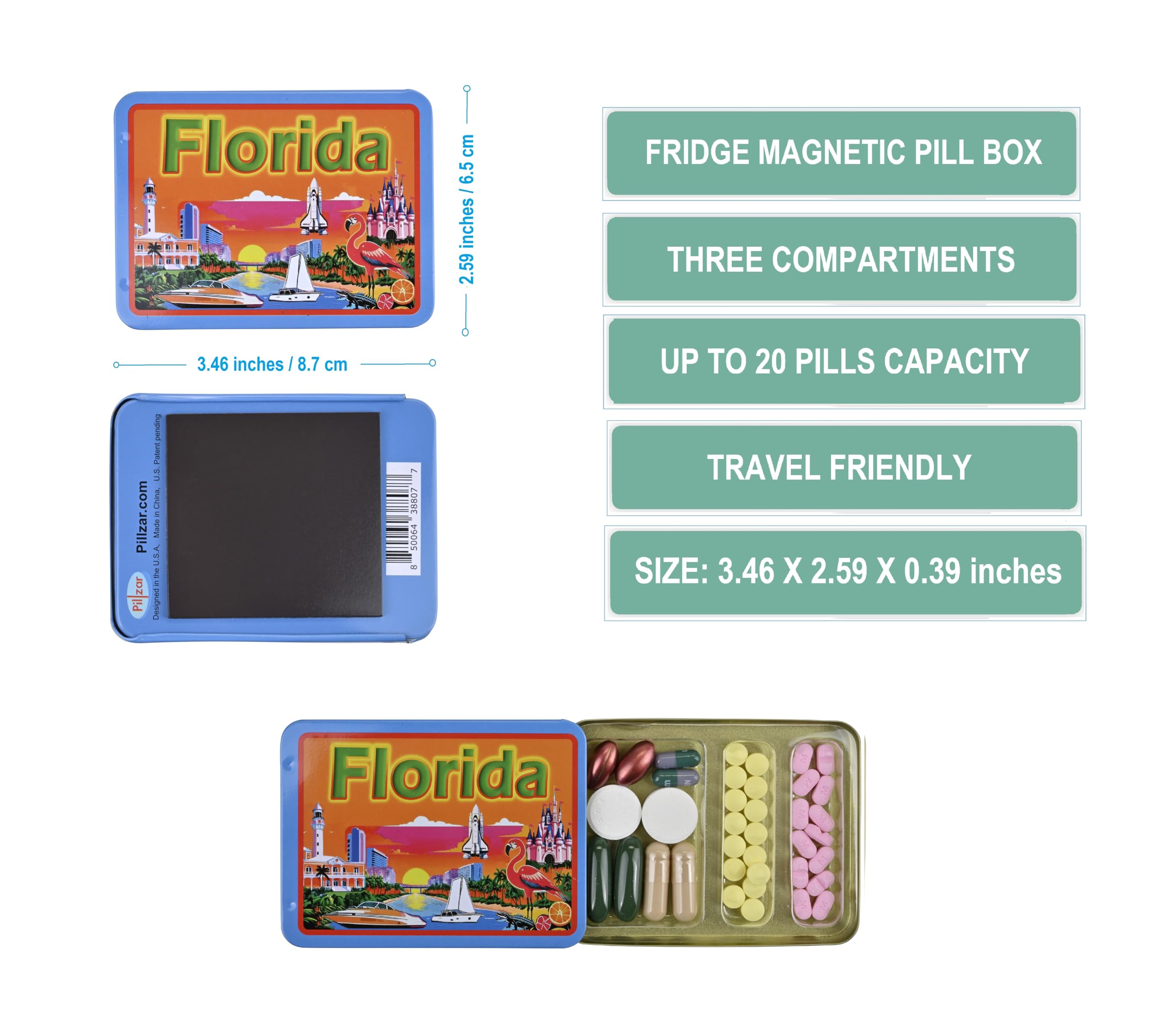Pocket-size tin pill box suitable for pills and small items