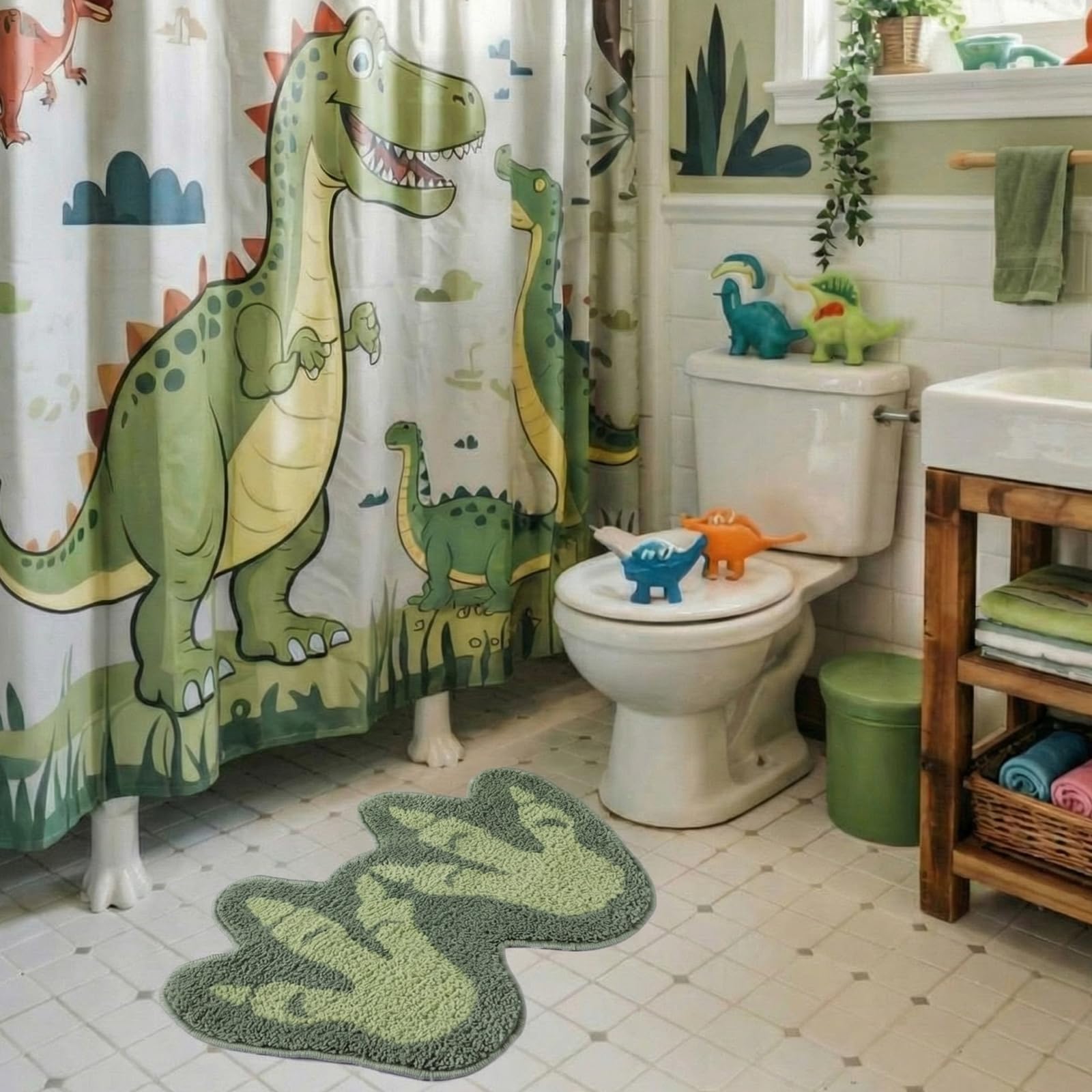 Dinosaur bath rug footprints design aqua green for bathrooms
