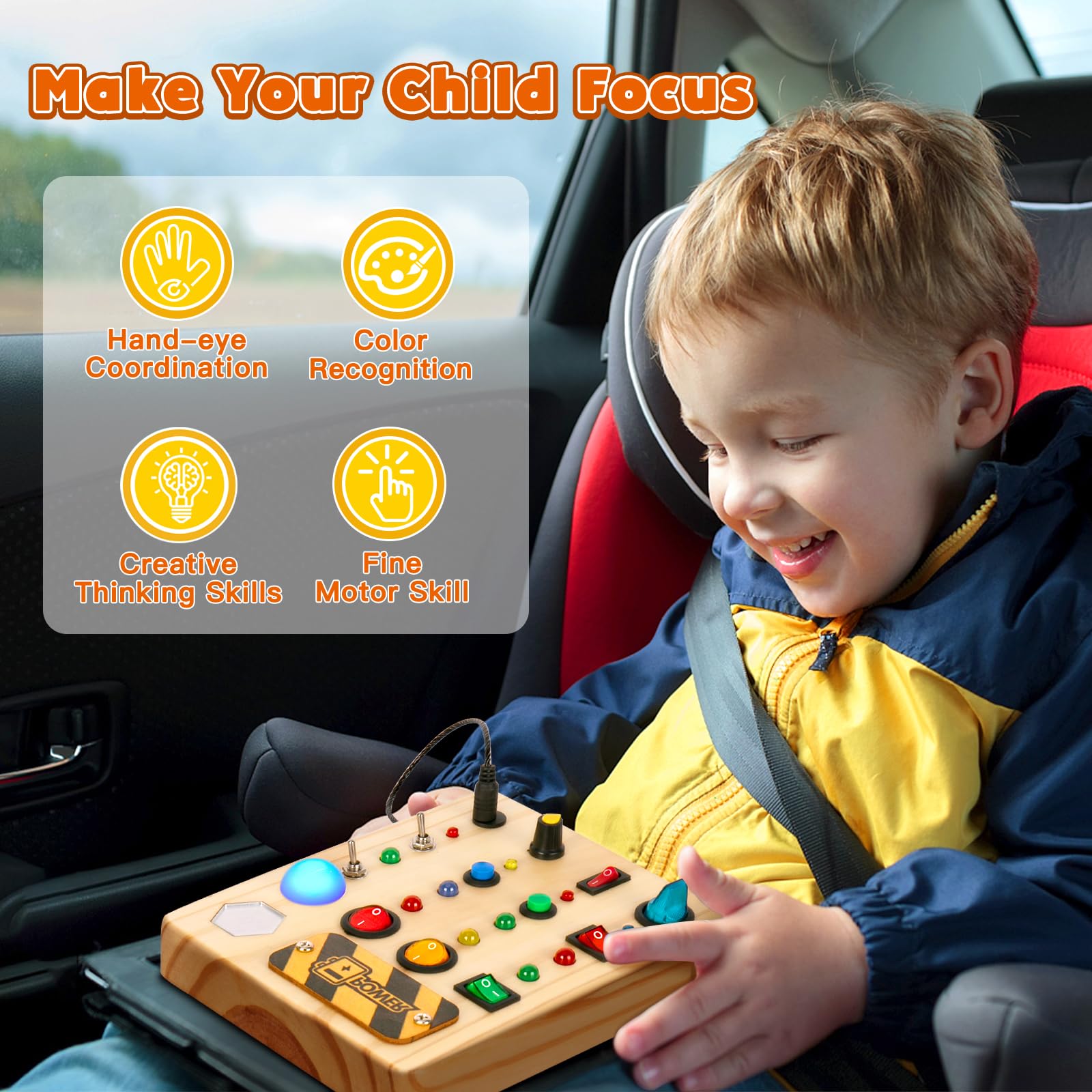 Travel friendly wooden Busy Board by TINTECUSA for plane rides