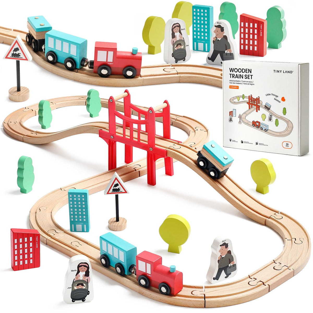 Tiny Land 39 Pcs Wooden Train Set box and tracks