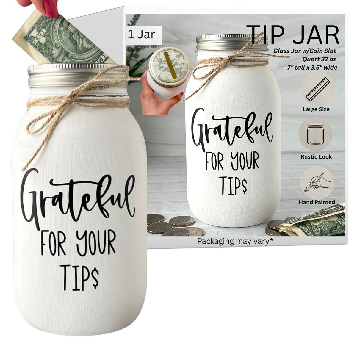 Tip Jar for Restaurant 32 oz glass mason jar with coin slot on counter