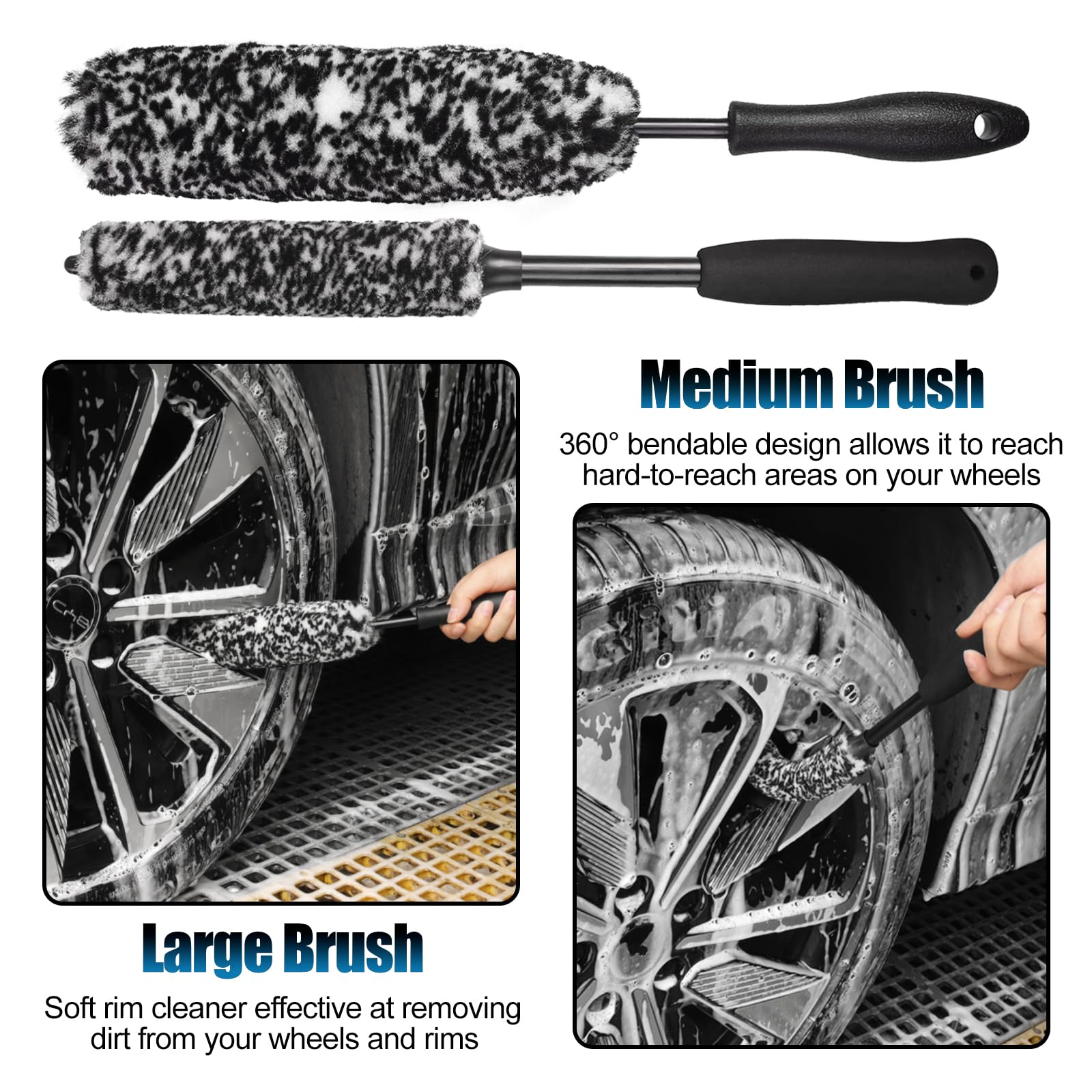 Brushes hold cleaning liquid for grime removal on wheels and tires