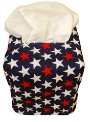 Square tissue box cover featuring bold red and white stars on blue fabric