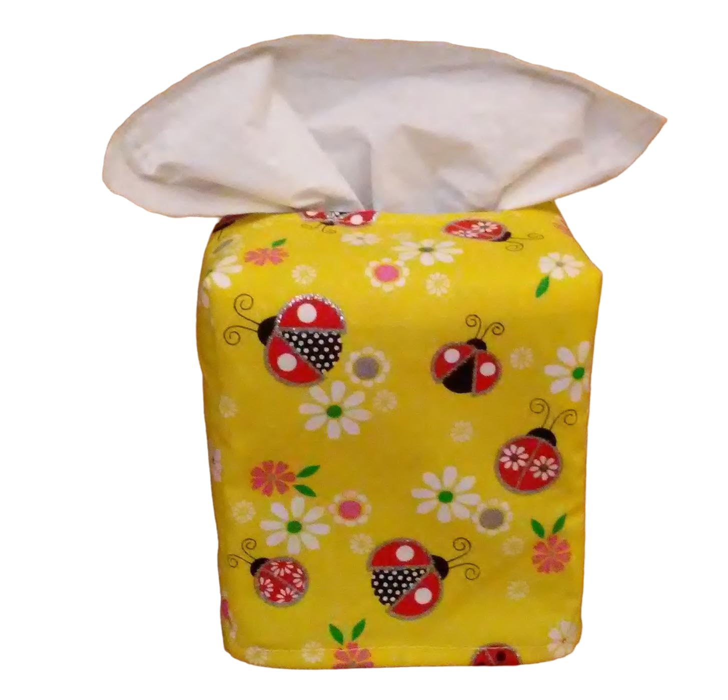 Tissue Box Cover Square Glittering Lady Bugs And Flowers On Yellow Fabric