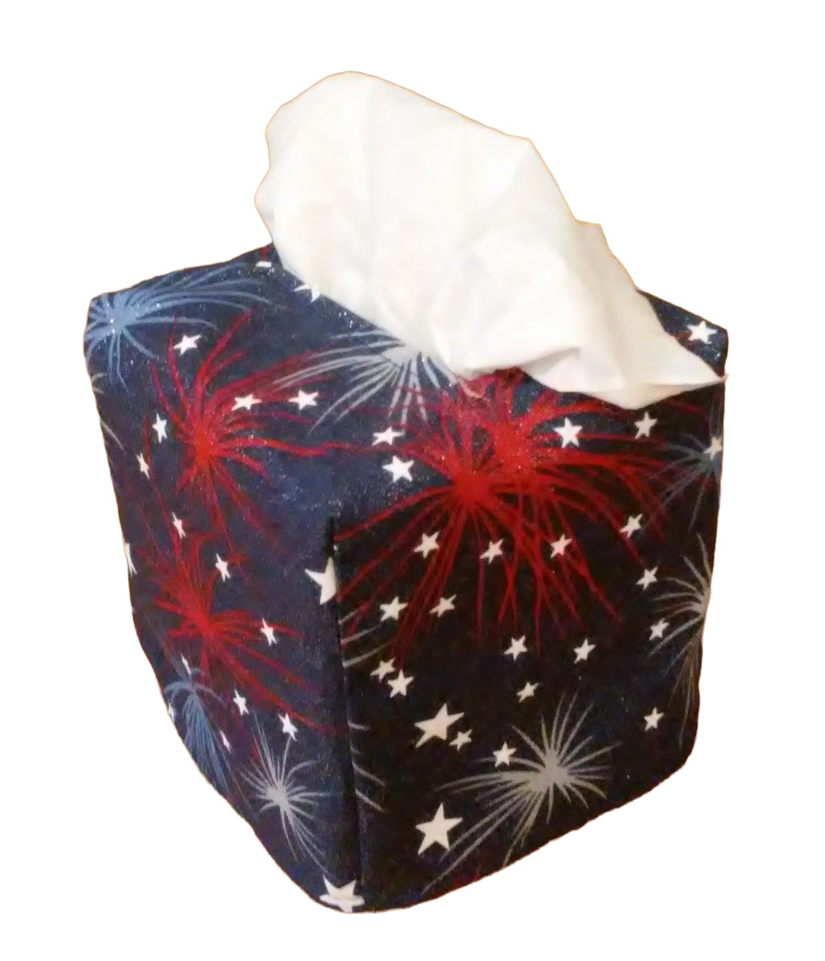 Patriotic glittering fireworks and stars fabric tissue box cover square
