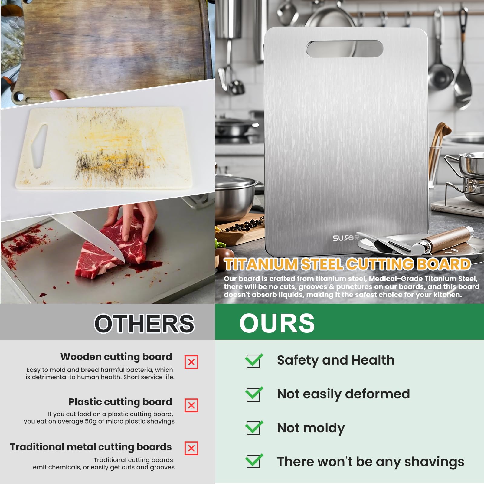 Double-sided titanium cutting board for meats fruits and vegetables