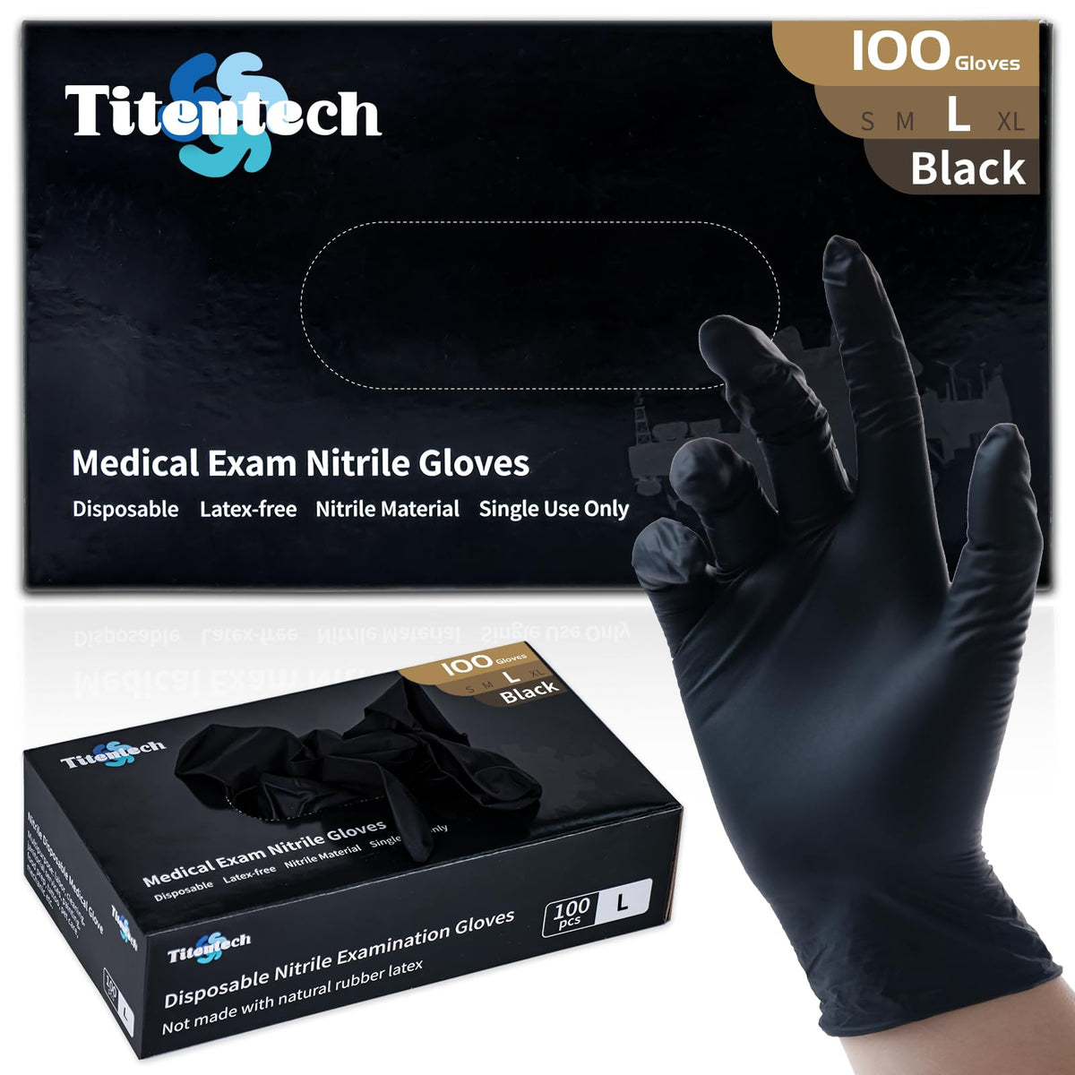 Titentech disposable nitrile gloves black large 100pcs box