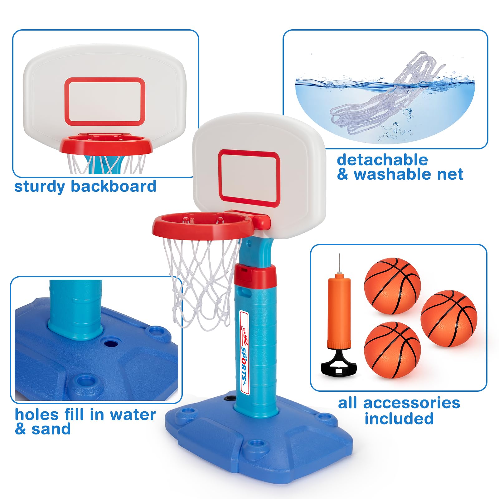 Includes 3 inflatable mini soft basketballs and a pump