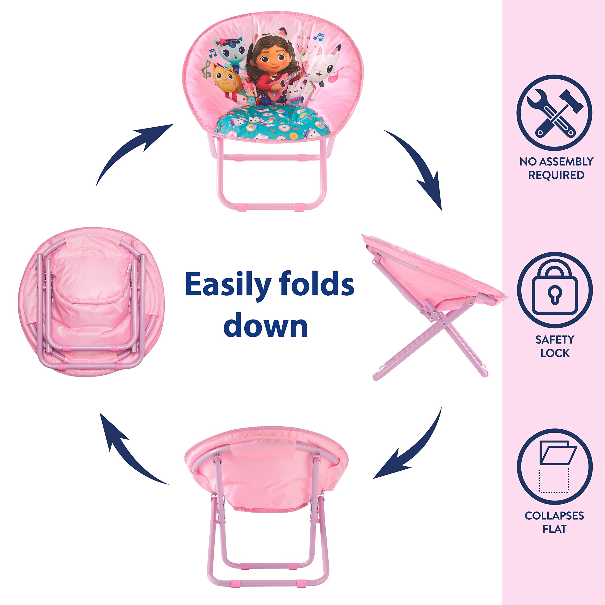 Sturdy metal frame with safety lock for Gabby’s Dollhouse chair
