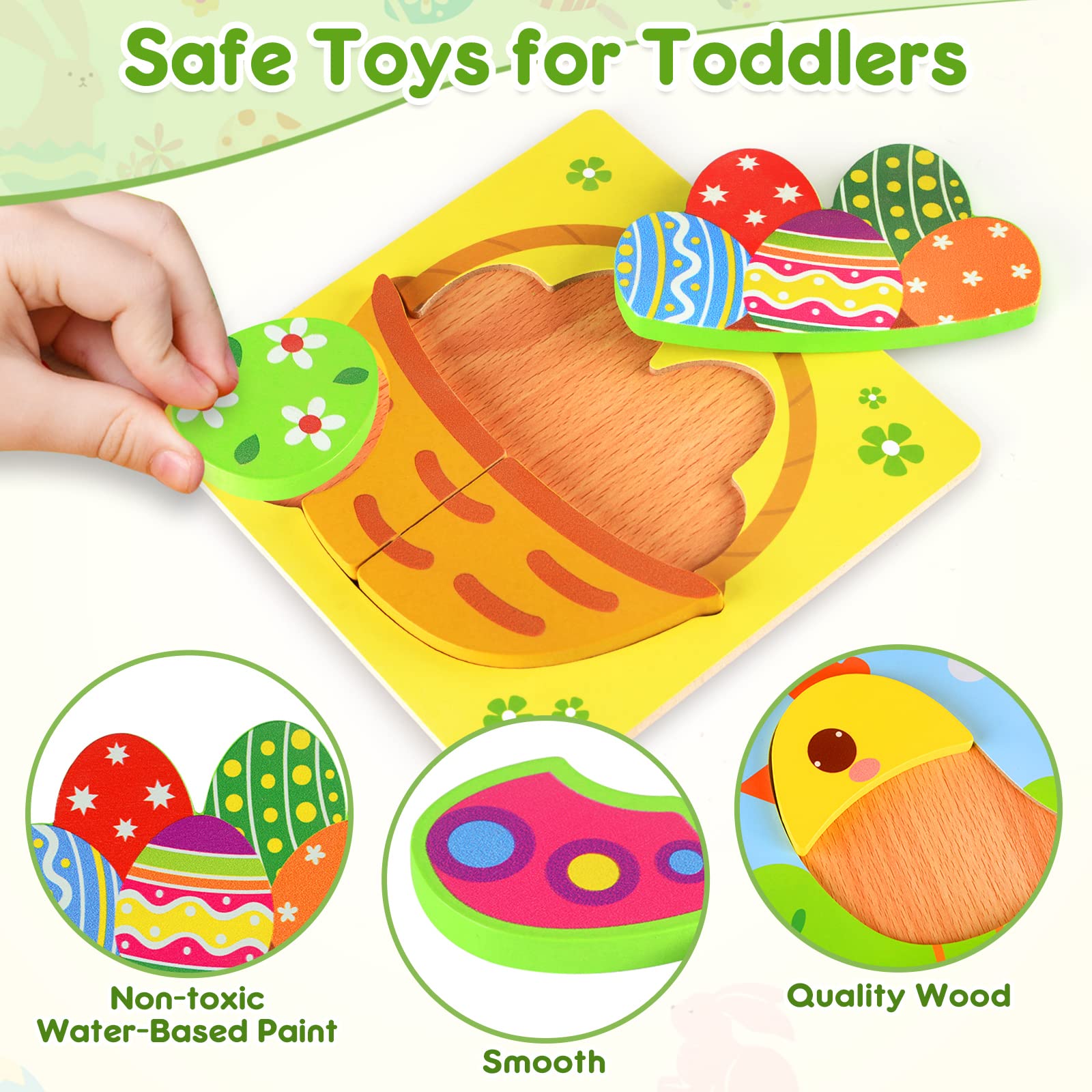 Chunky wooden pieces with rounded edges for safe toddler play
