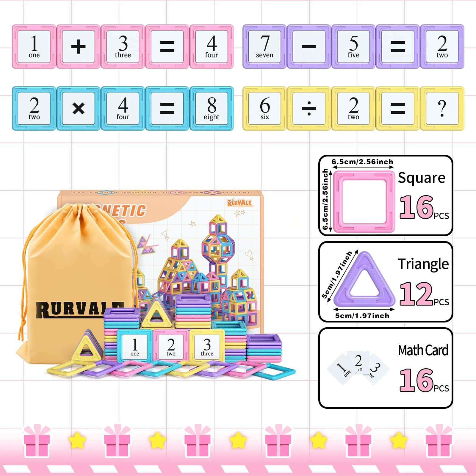 44 piece magnetic blocks with squares triangles and math cards