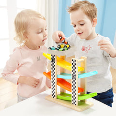 Toddler friendly wooden race track set weighs about 2 pounds