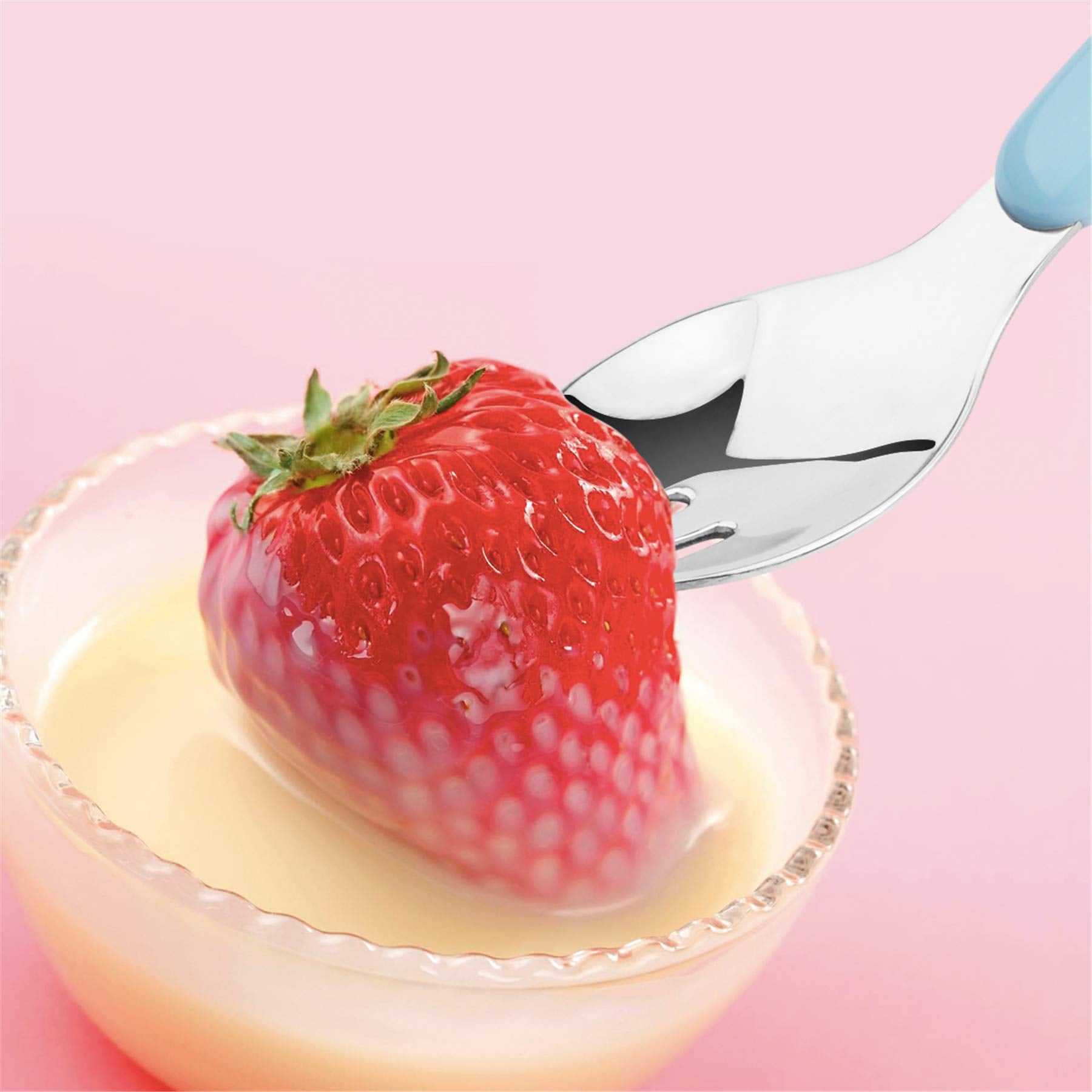 Curved handle toddler self feeding utensils designed for little hands