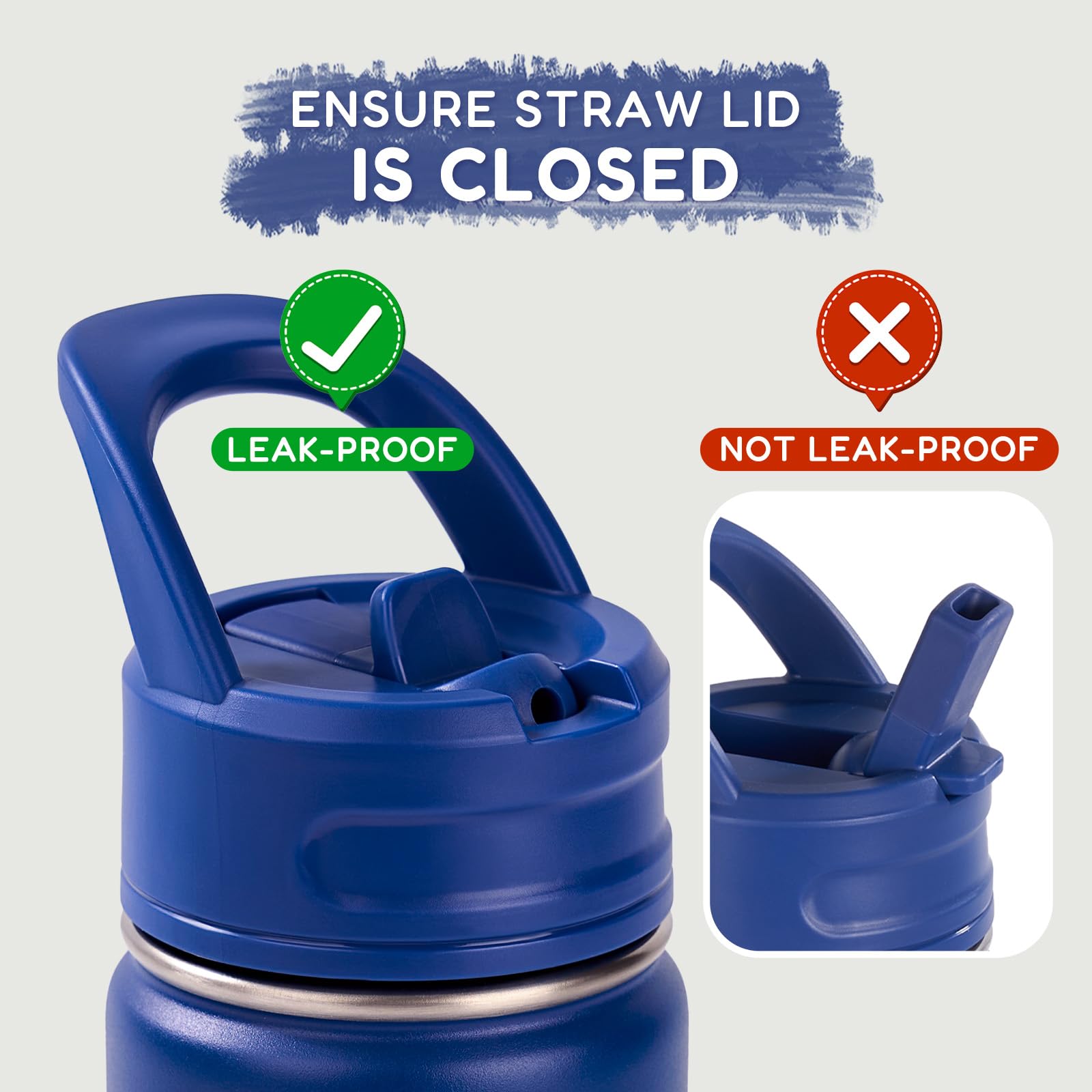 Backpack-friendly blue kids water bottle with straw