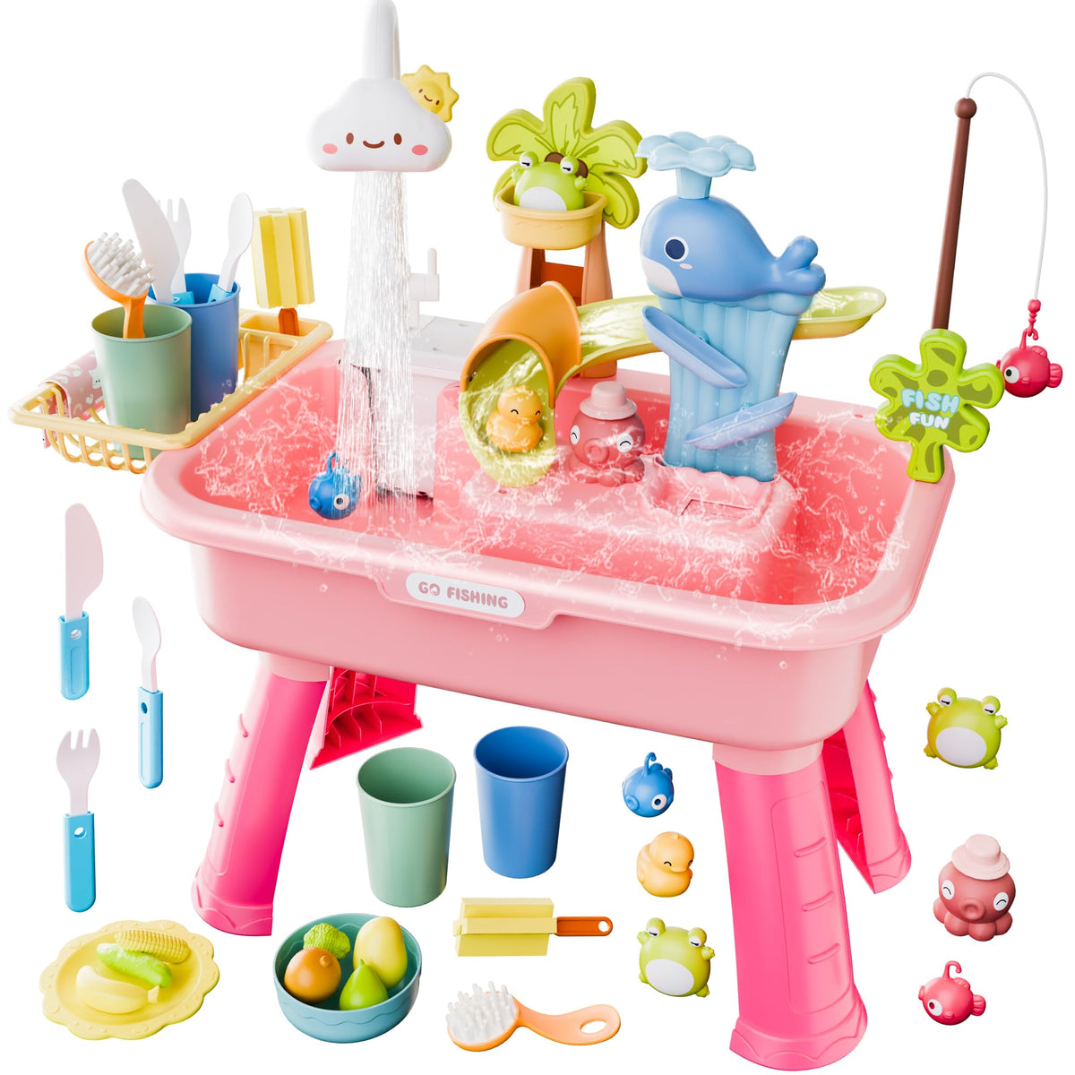 Toddler water table with dimensions 21.26 L x 11.42 W x 20.87 H inches
