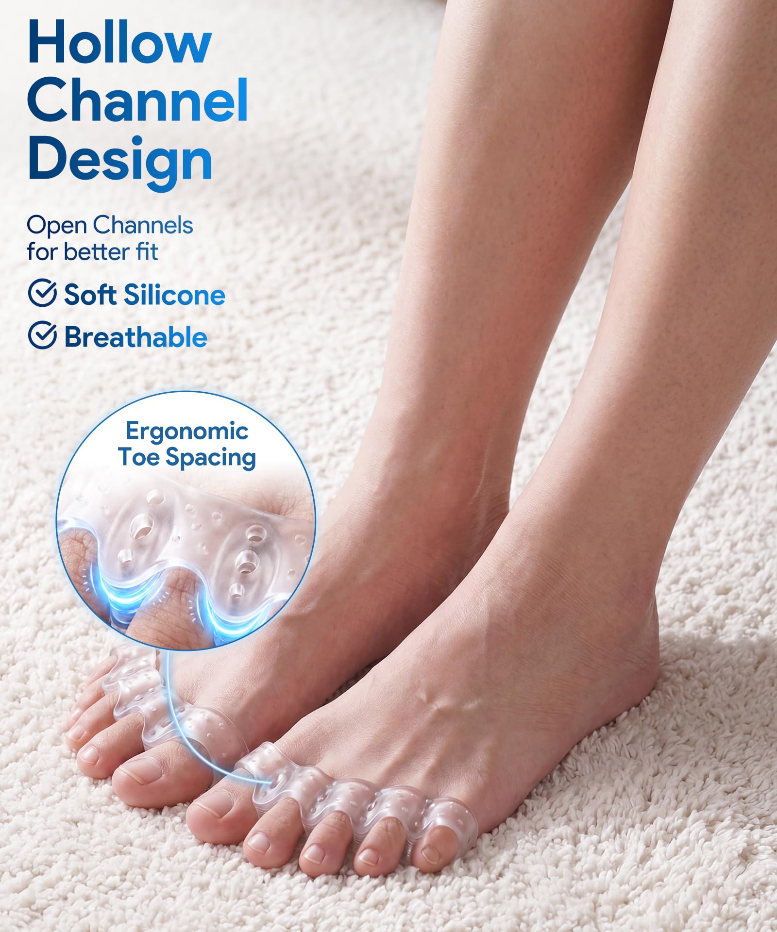 Toe spacers breathable design with airflow channels for daily wear