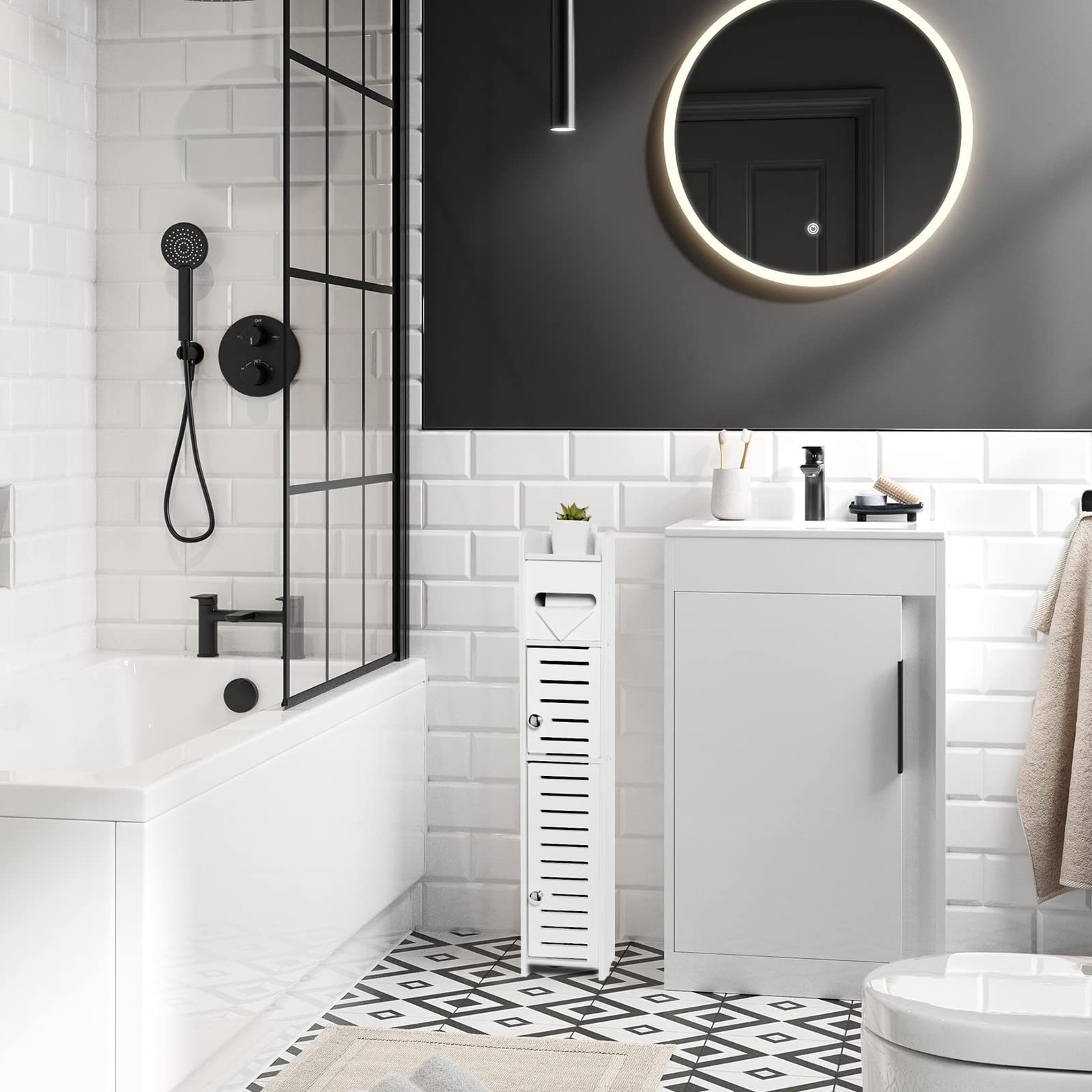 Top shelf for plant or phone on bathroom cabinet