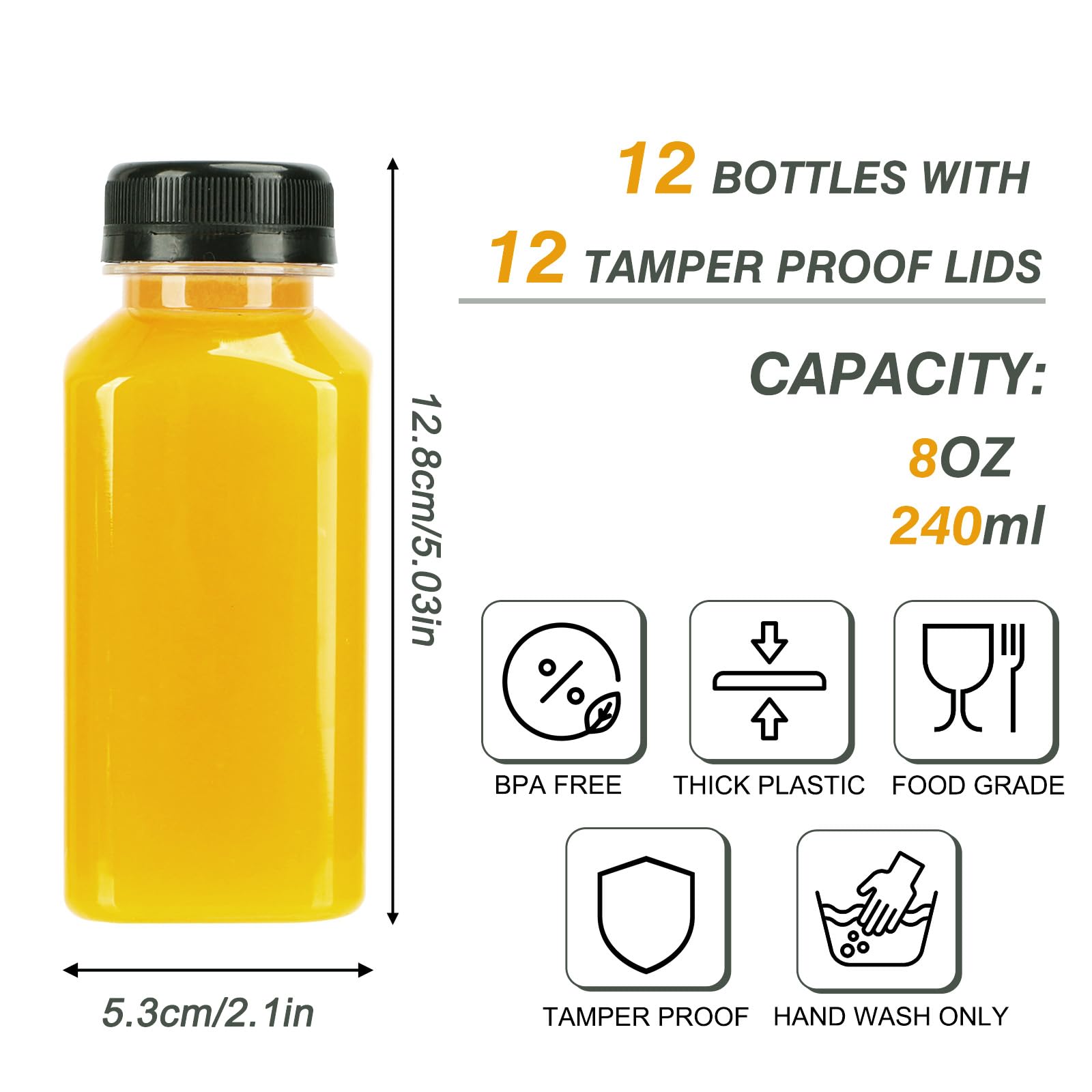 TOMNK 8oz plastic juice bottles with tamper-evident caps
