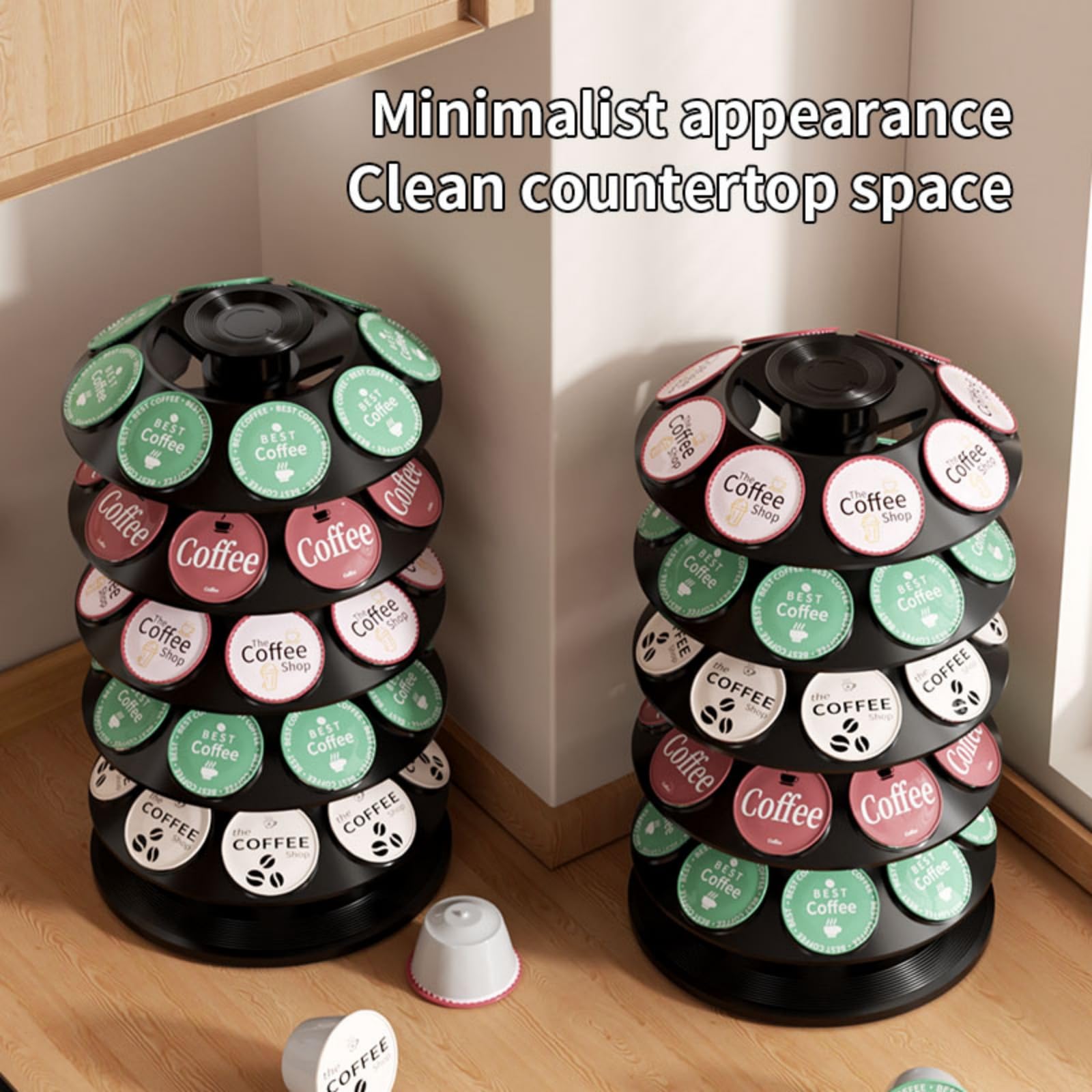 Space saving coffee pod organizer on kitchen counter