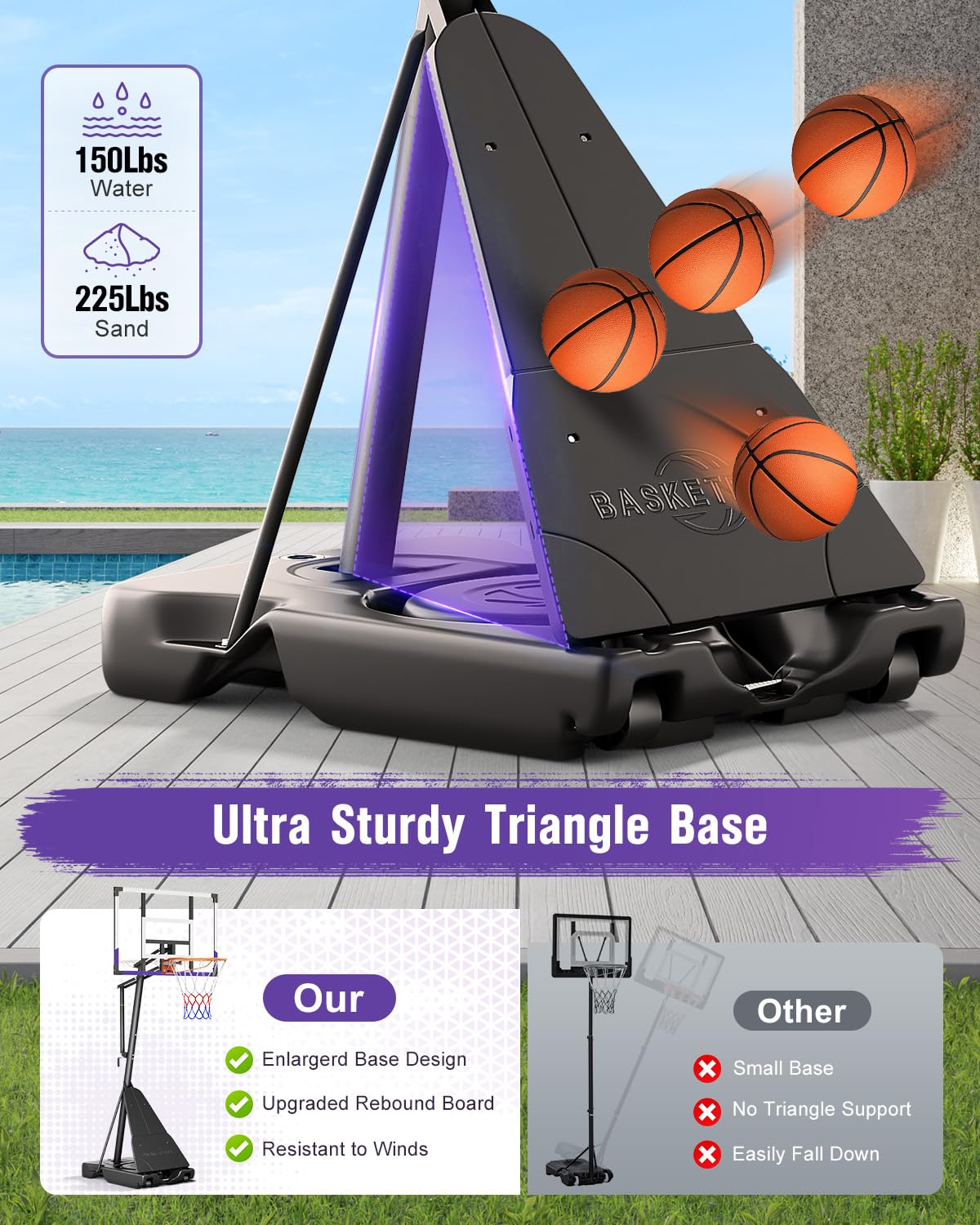 Base measures 44 by 28 inches supports water or sand