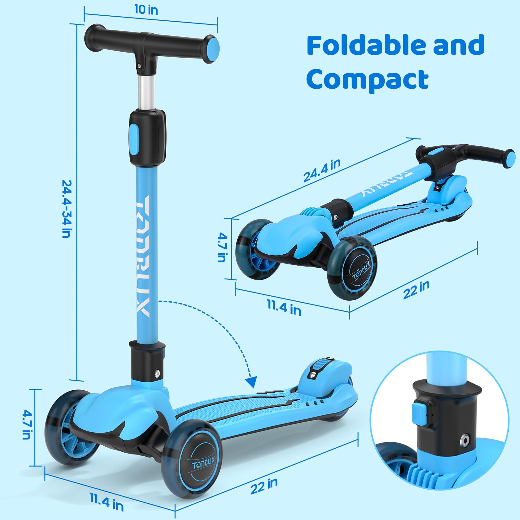 Three motion-activated light-up wheels on TONBUX scooter