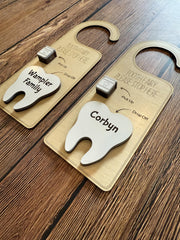 Tooth shaped bill holder for tooth fairy door hanger