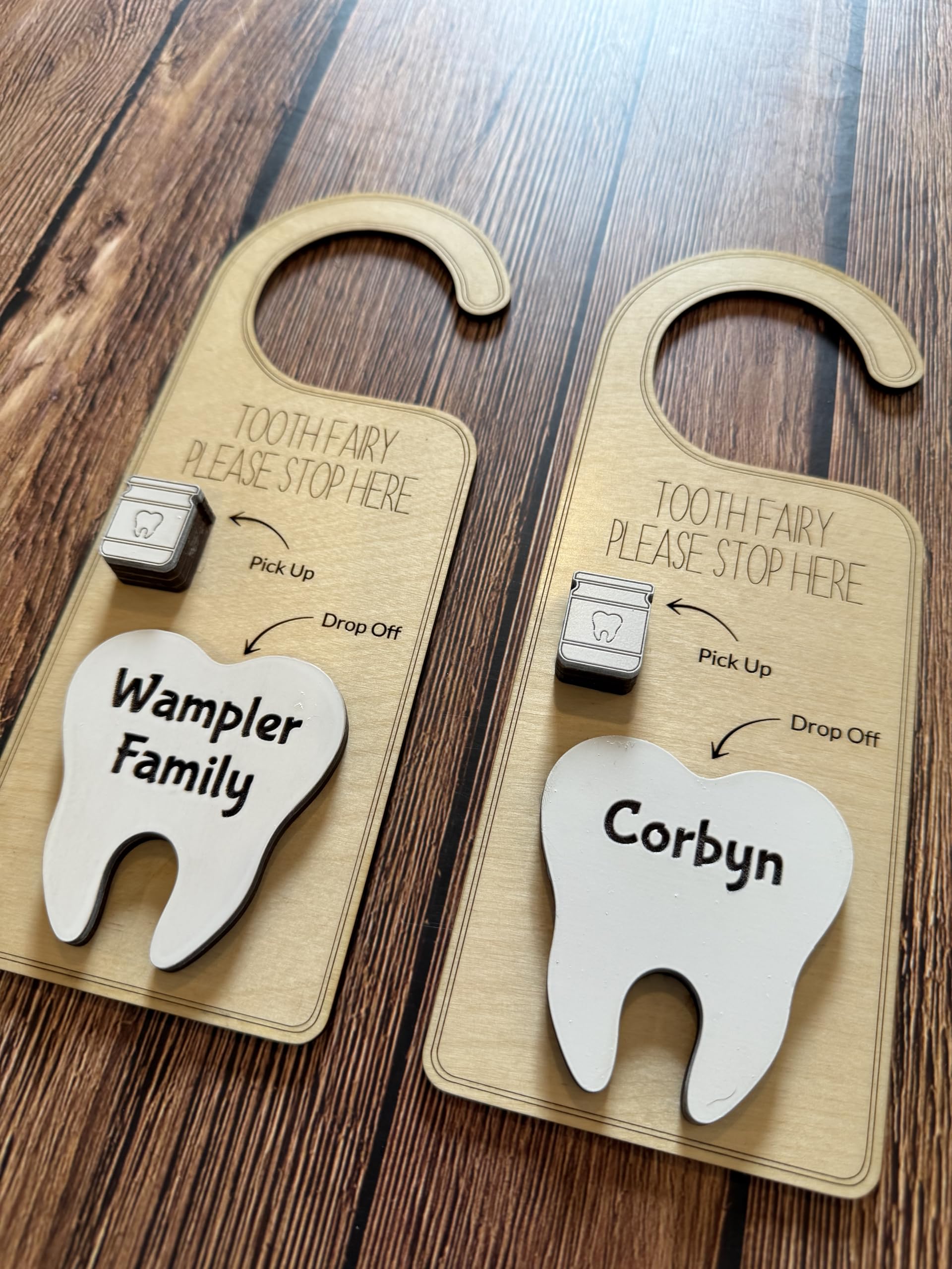 Custom name engraving on the front of the tooth ornament