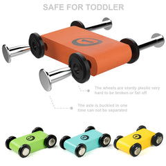 Top parking lot feature with four bright ramp racers for toddlers
