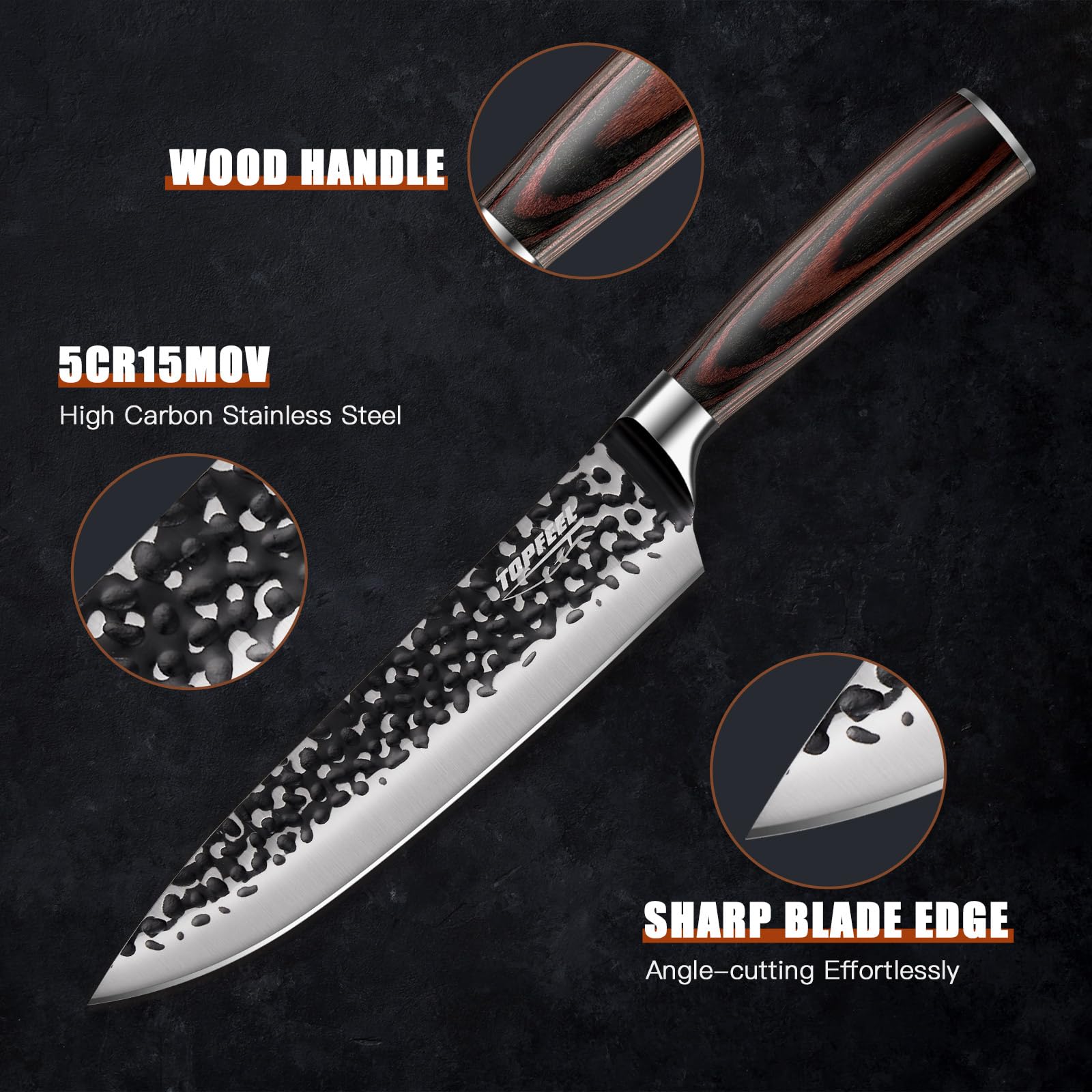 Hammered blade close up on Topfeel chef knife