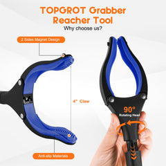 Reacher tool with 90 degree rotating jaw and magnet