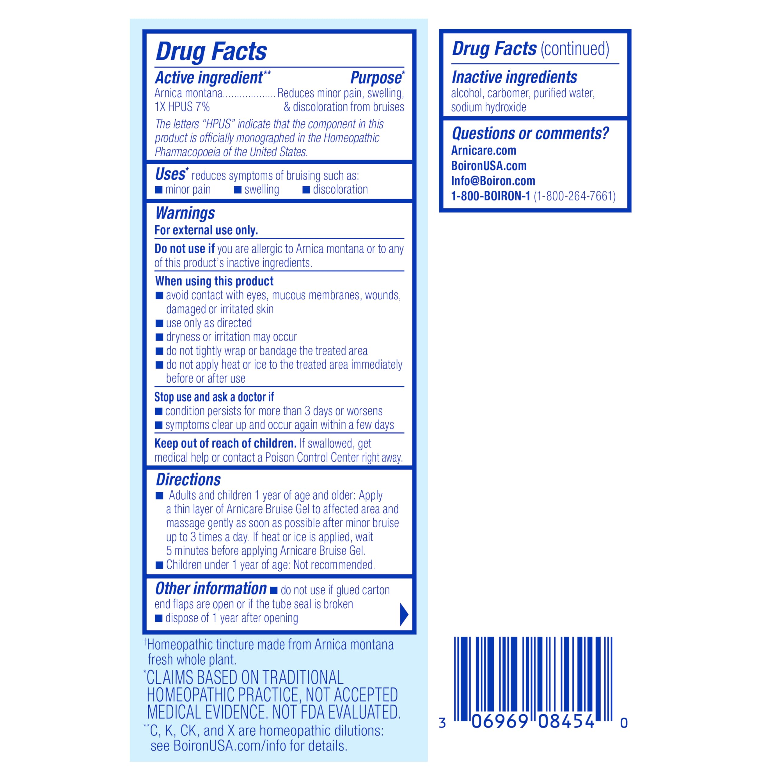 Boiron Arnicare Bruise Gel label with directions