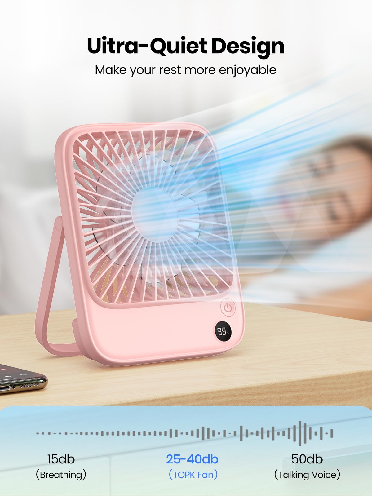 TOPK 2 pack portable desk fan recessed button travel