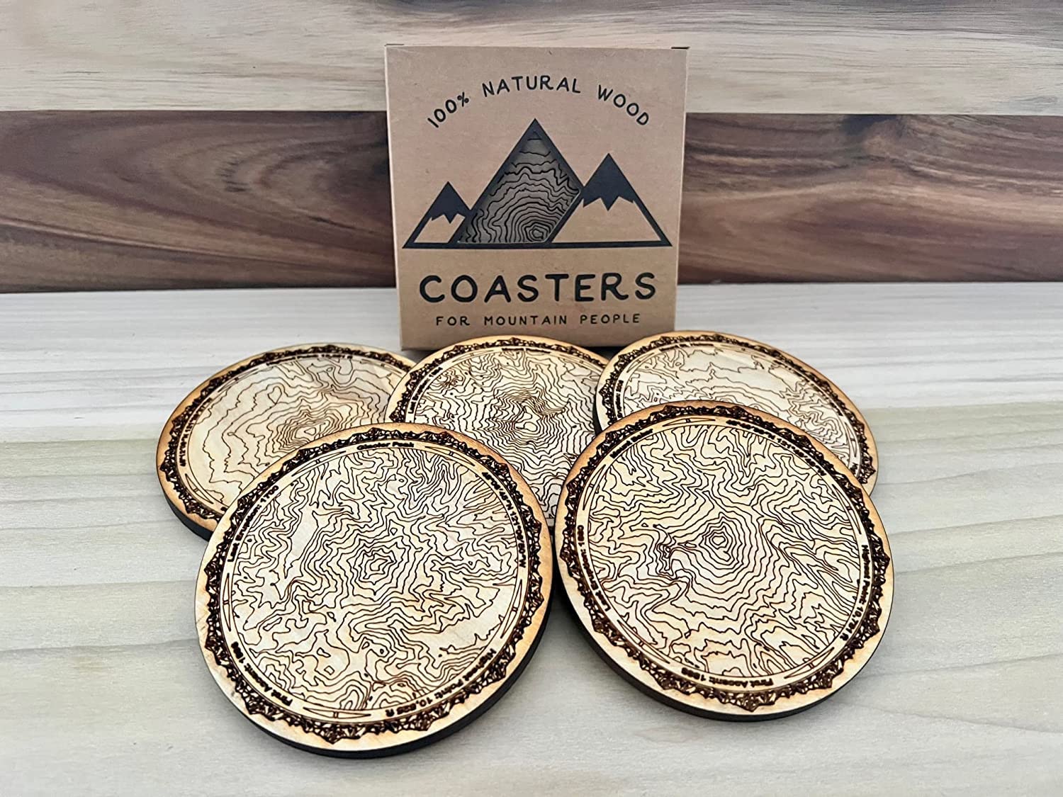 Topography Coasters Active Walnut 5 coaster set with mountain names