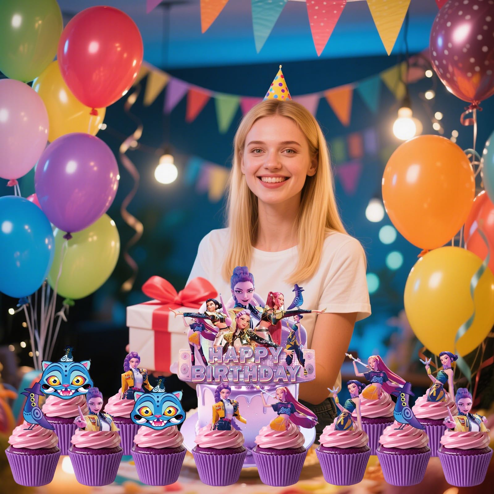 Birthday party dessert table decoration with cartoon toppers