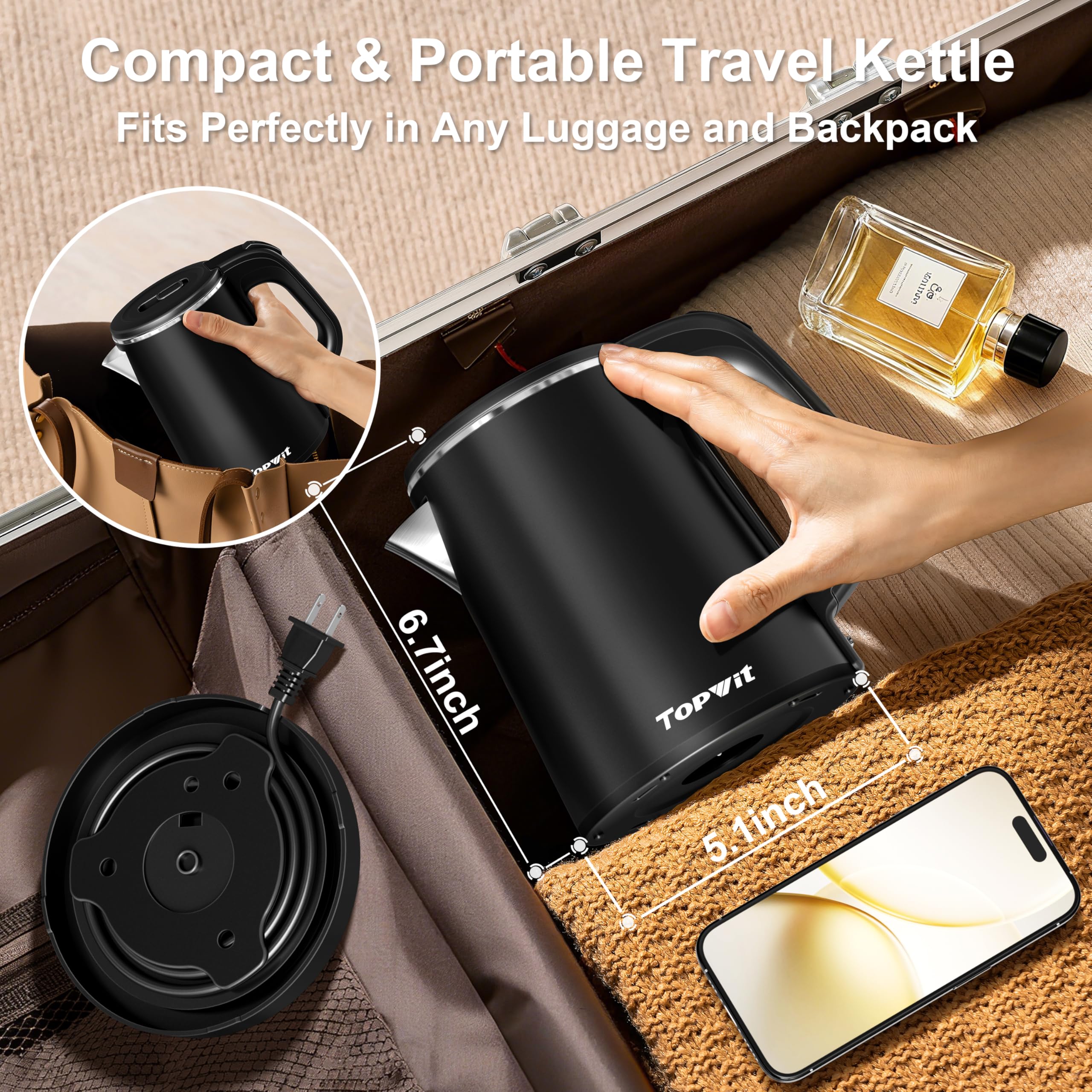 Portable travel kettle with storable cord by TOPWIT