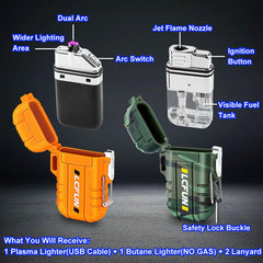 Torch lighter with visible fuel tank and safety note