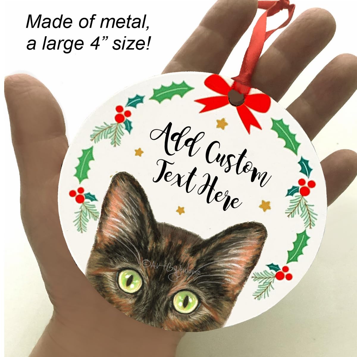 Tortie cat Christmas ornament 4 inch design 1 with green eyes