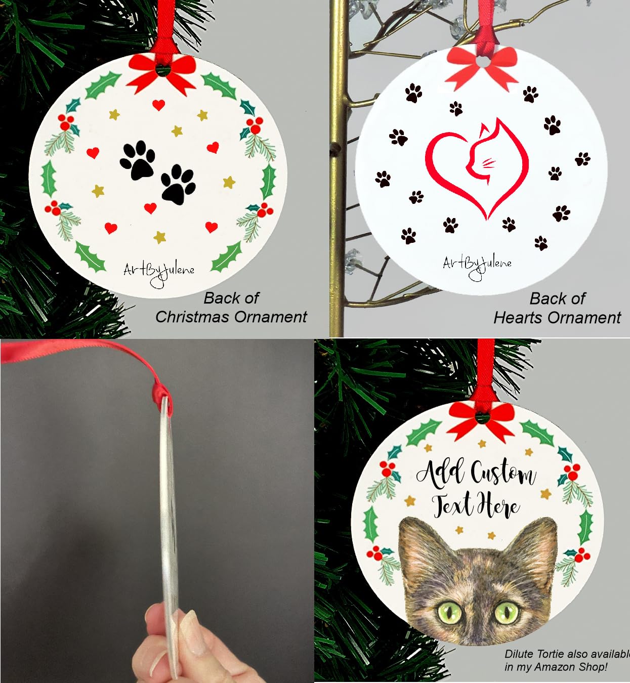 Tortie cat Christmas ornament 4 inch design 2 with gold eyes