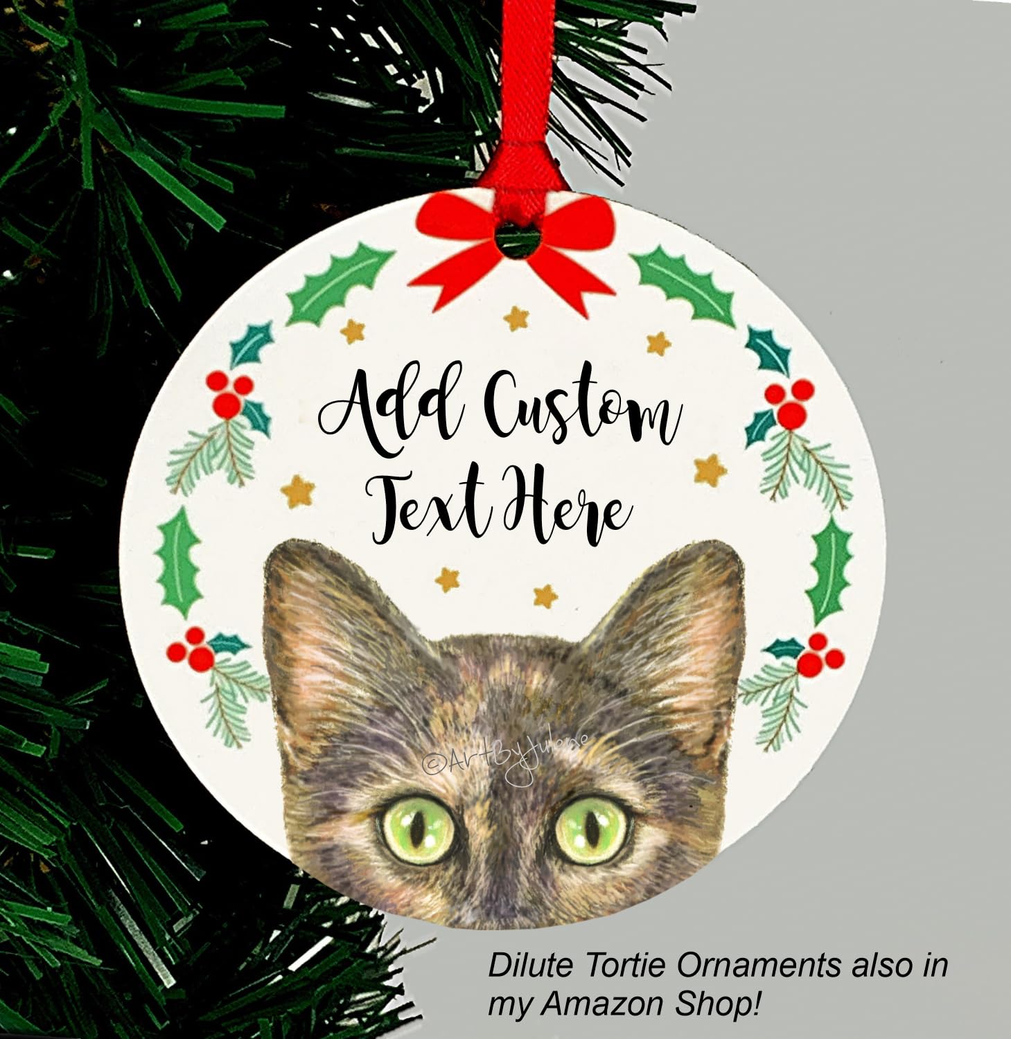 Tortie cat Christmas ornament 4 inch design 3 eyes green or gold