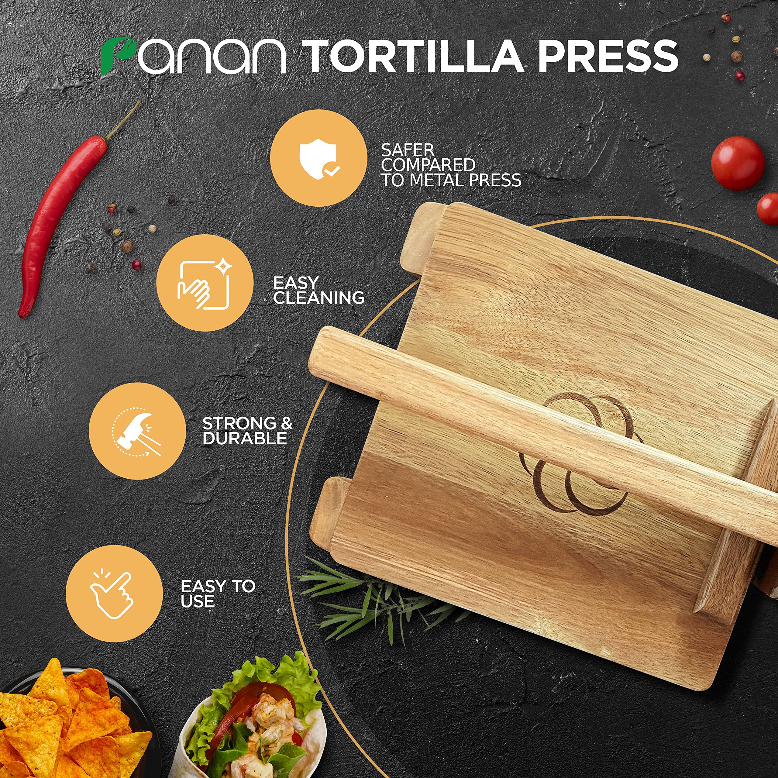 ergonomic handle and dual hand grips on tortilla press