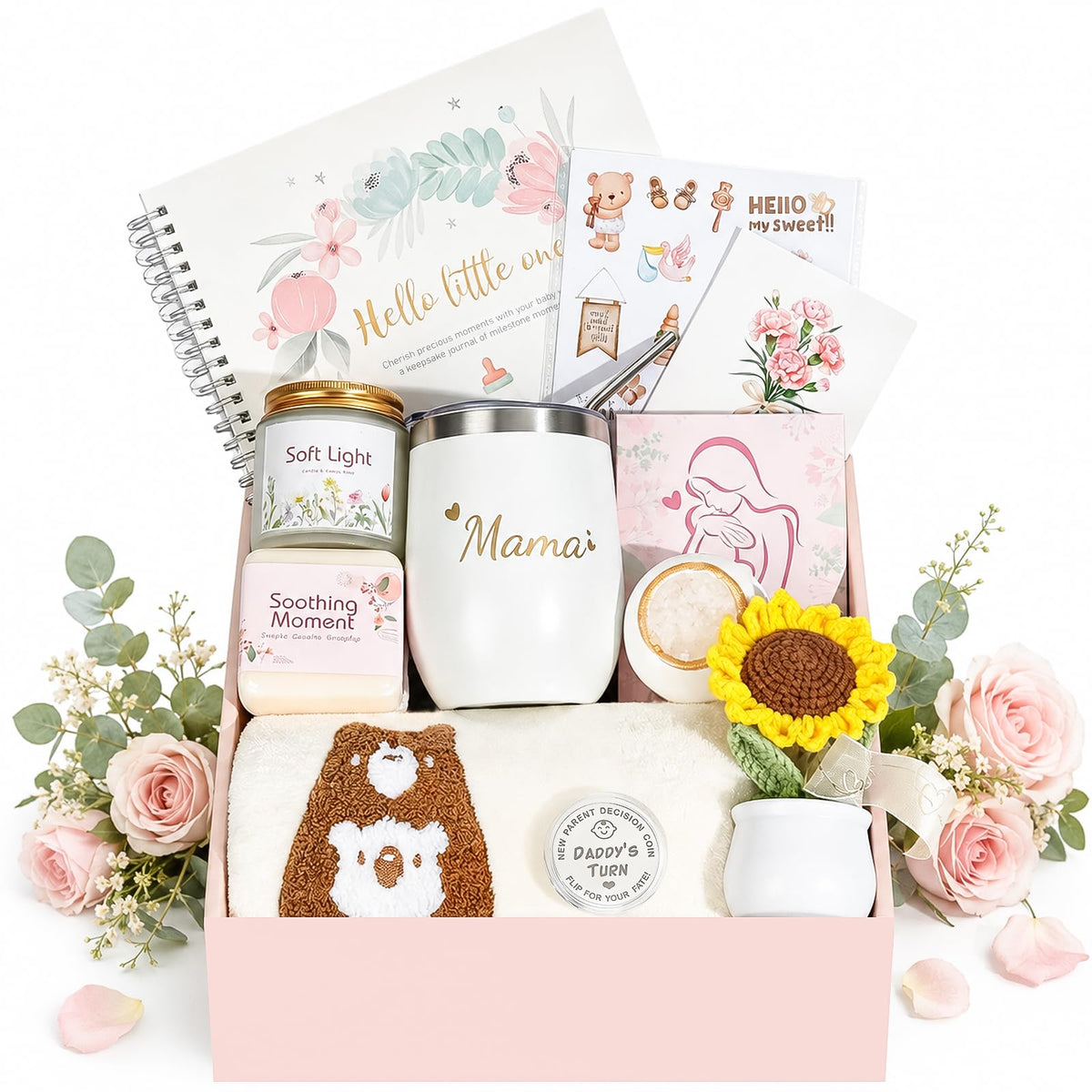 Totiro New Mom Gift Basket packaging with contents