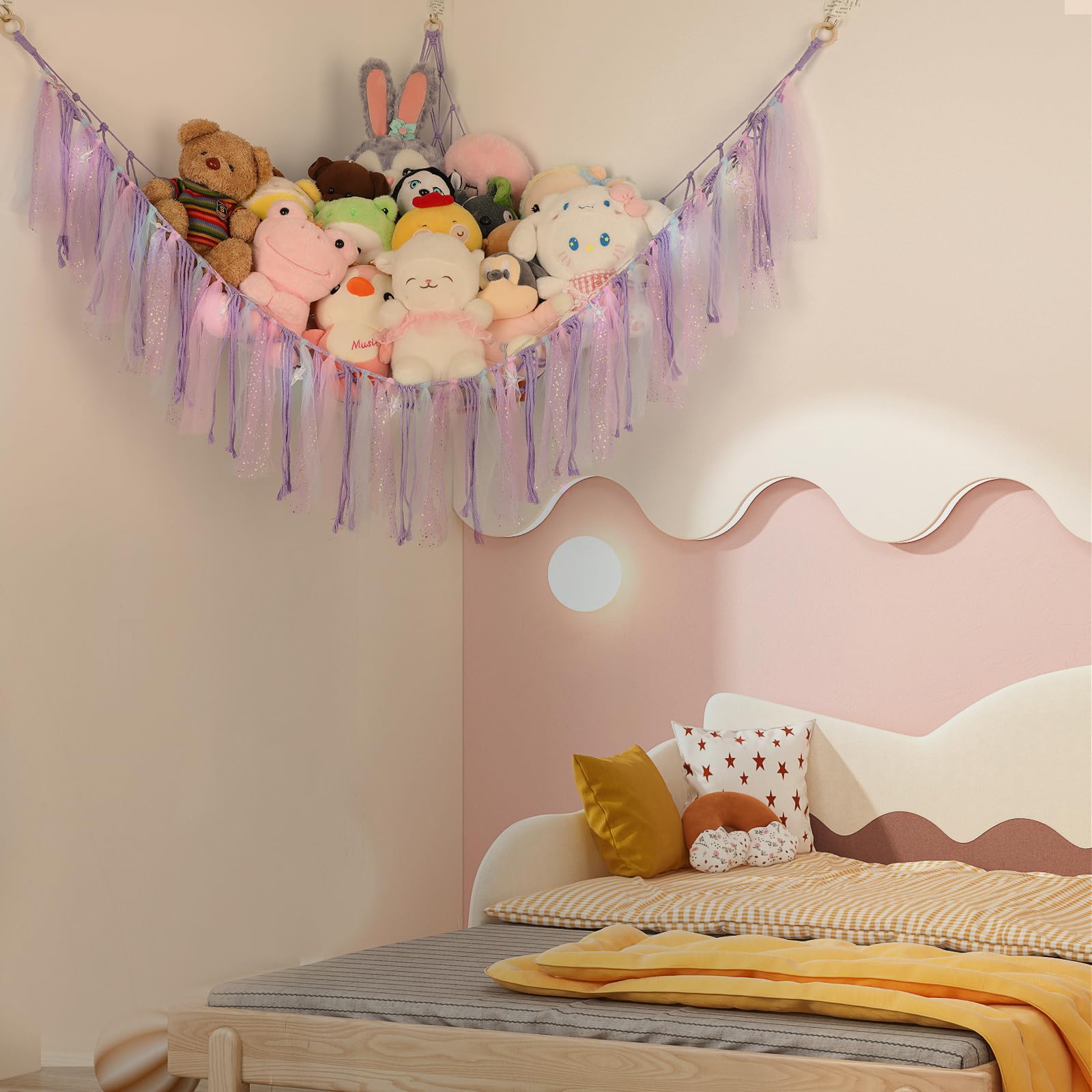 Open mesh display with tassels and LED lighting for plush toys