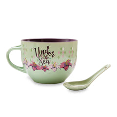 Ariel soup mug 24oz with spoon featuring purple flower on backside