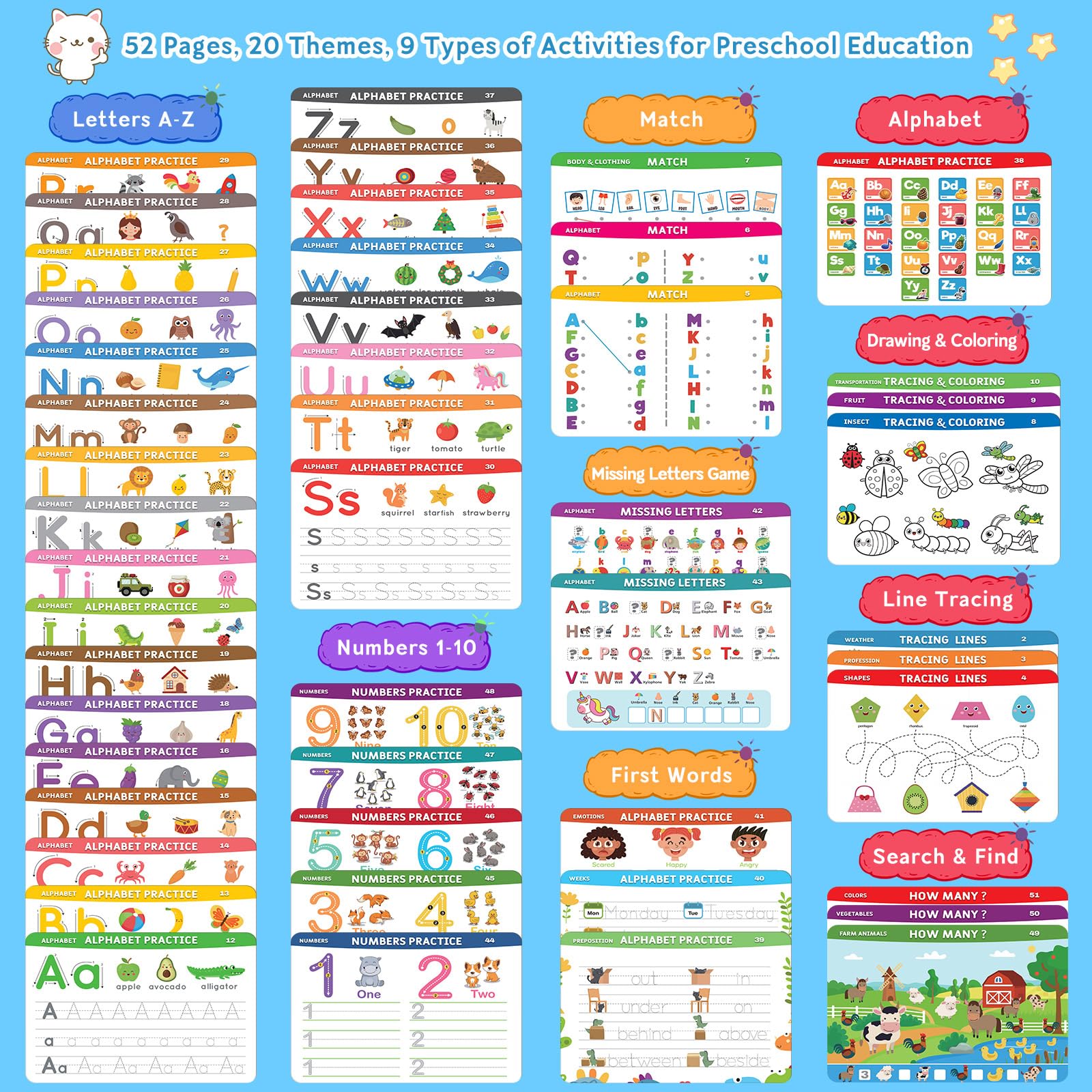 52-page activity workbook with pen control tracing and search-and-find puzzles