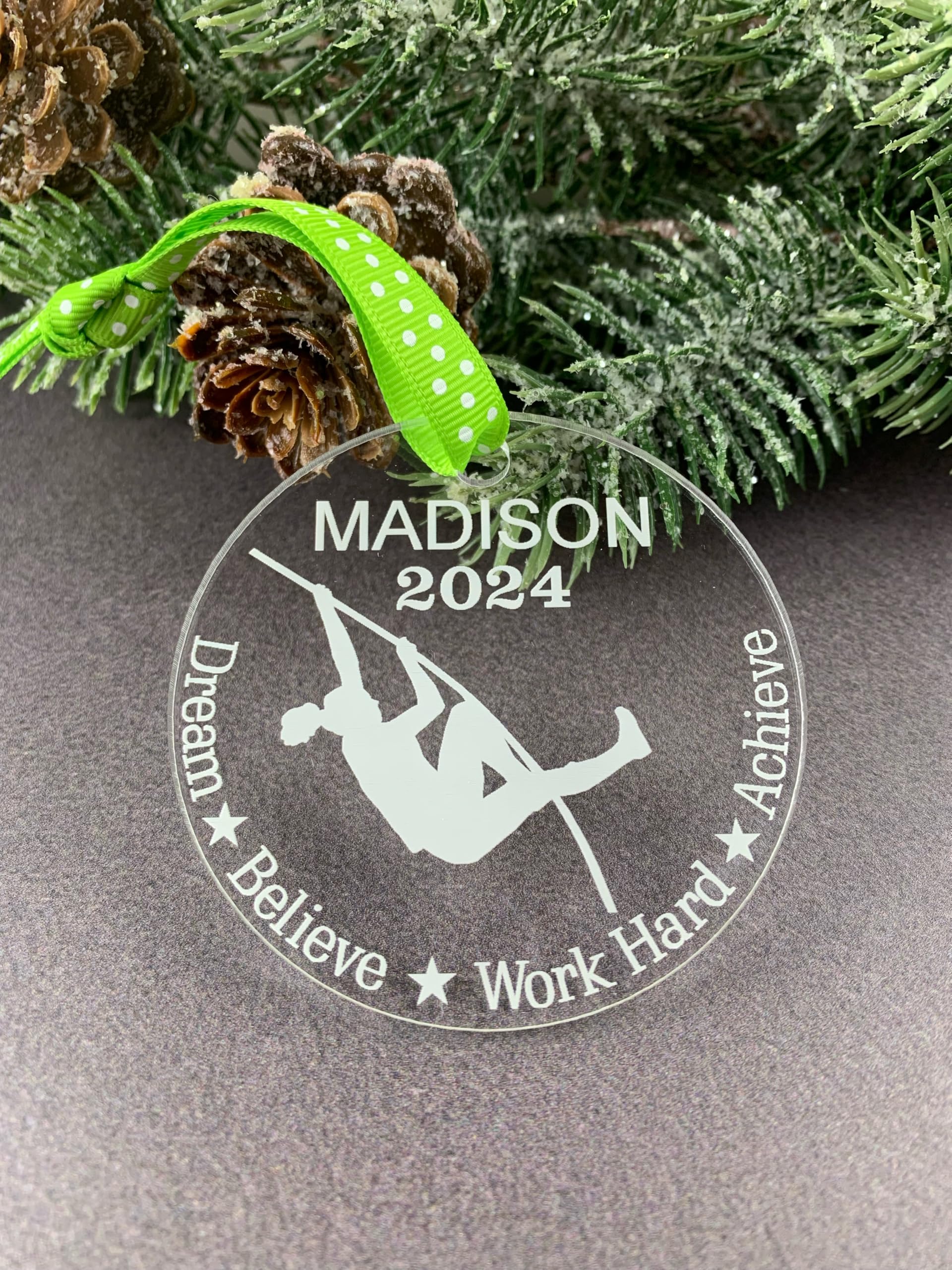 Track and Field ornament laser engraved white text and images