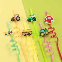 Tractor Party patterned curly straw design in multiple colors