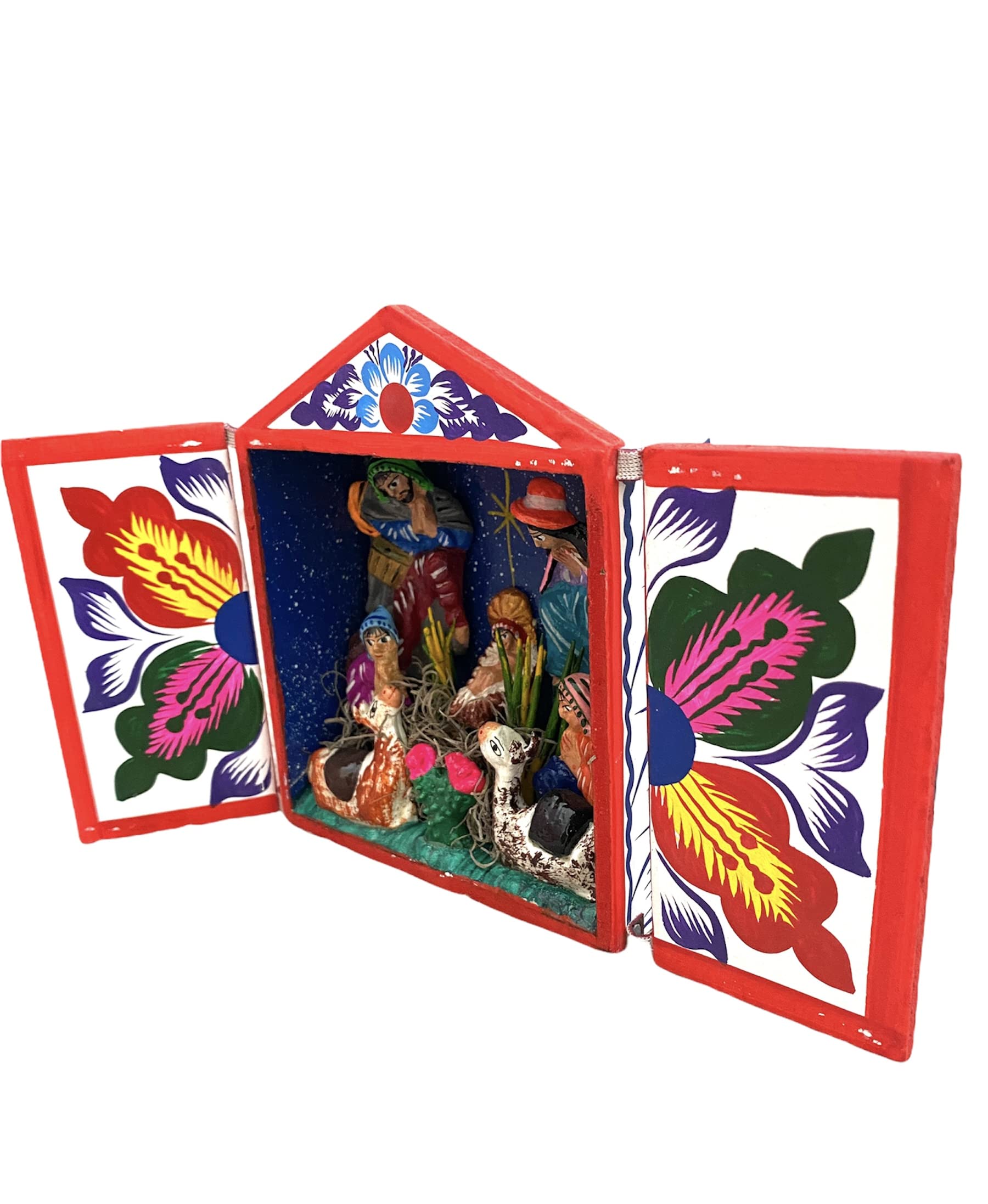 folding wood box nativity display with floral patterns