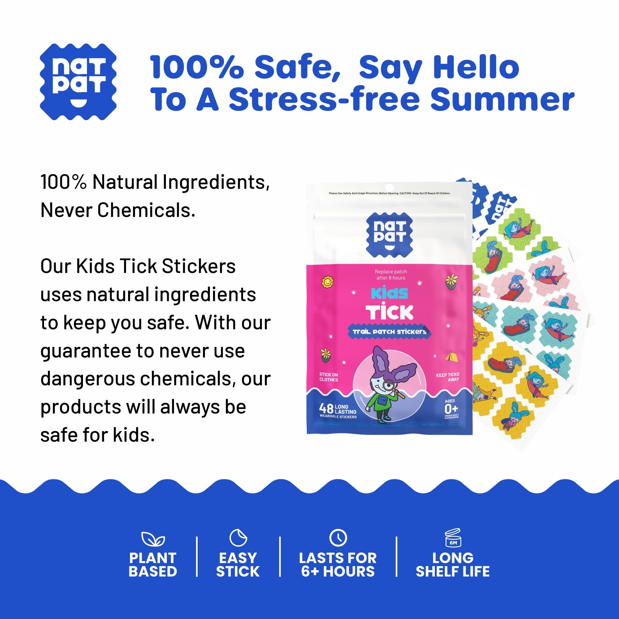 TrailPatch Tick Stickers for Kids on clothing example